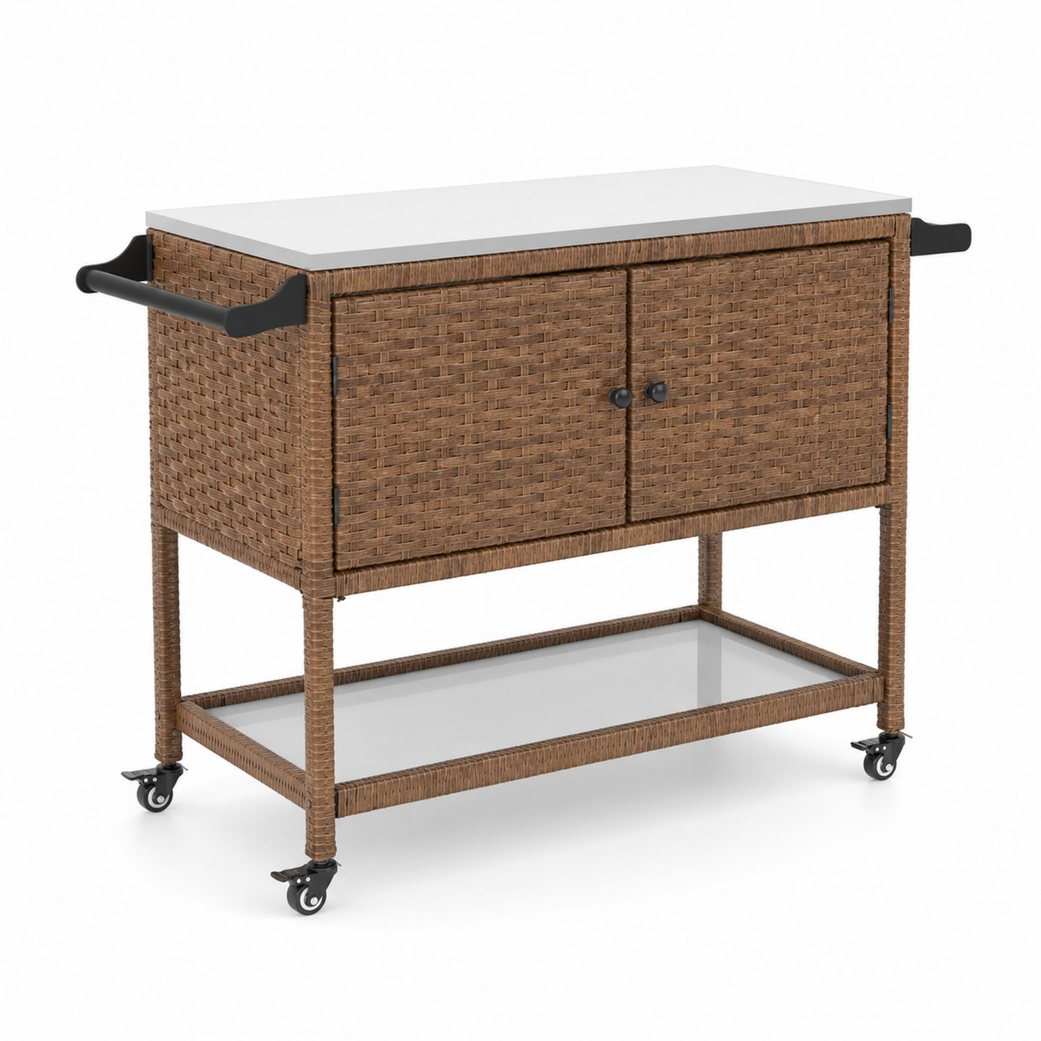 Carrello portavivande in rattan sintetico marrone con piano in vetro temperato