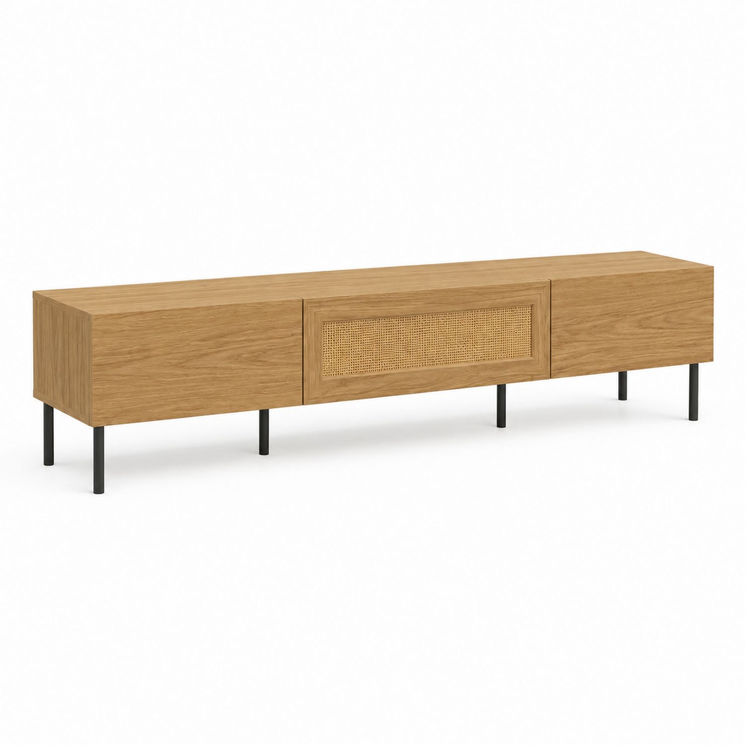 Mobile TV in legno e rattan con gambe in metallo