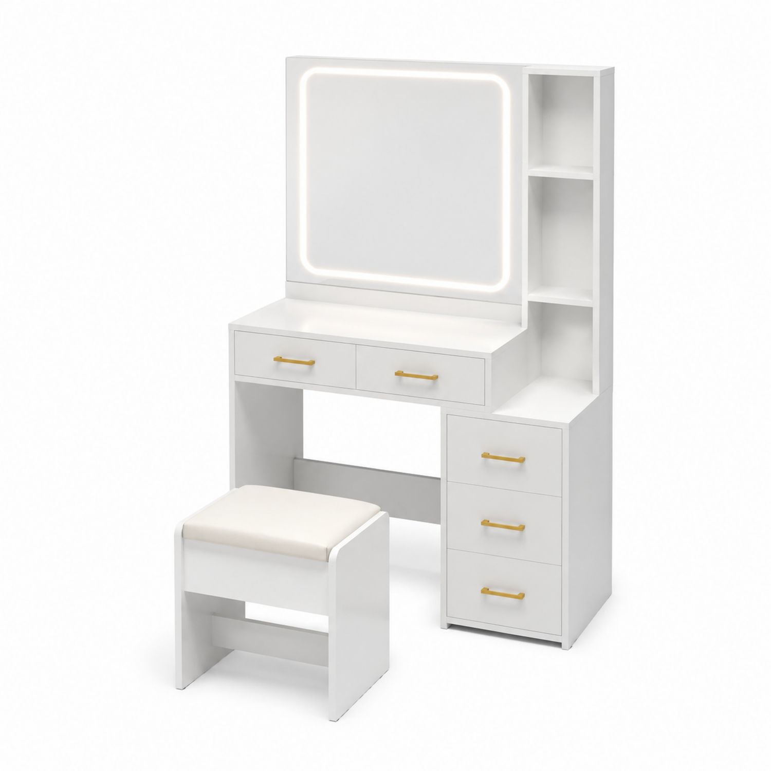 Toeletta con Specchio LED in Legno Bianco e Sgabello Imbottito