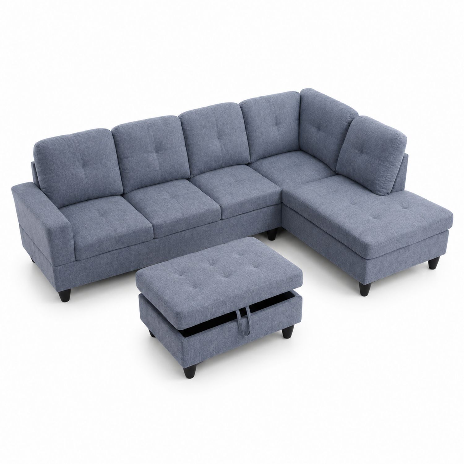 Divano ad angolo con pouf contenitore in tessuto poliestere blu