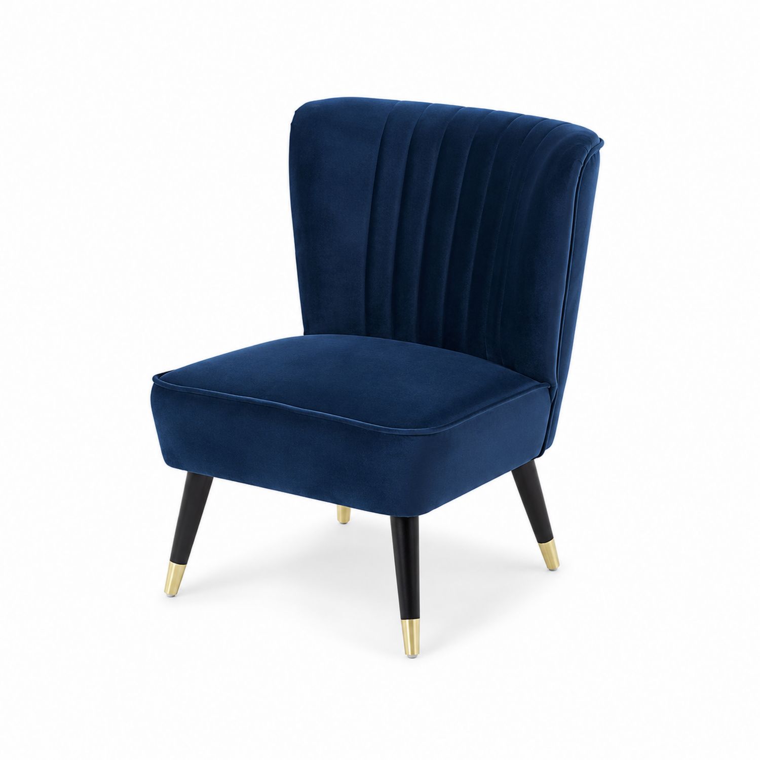 Sedia in velluto blu con gambe in legno