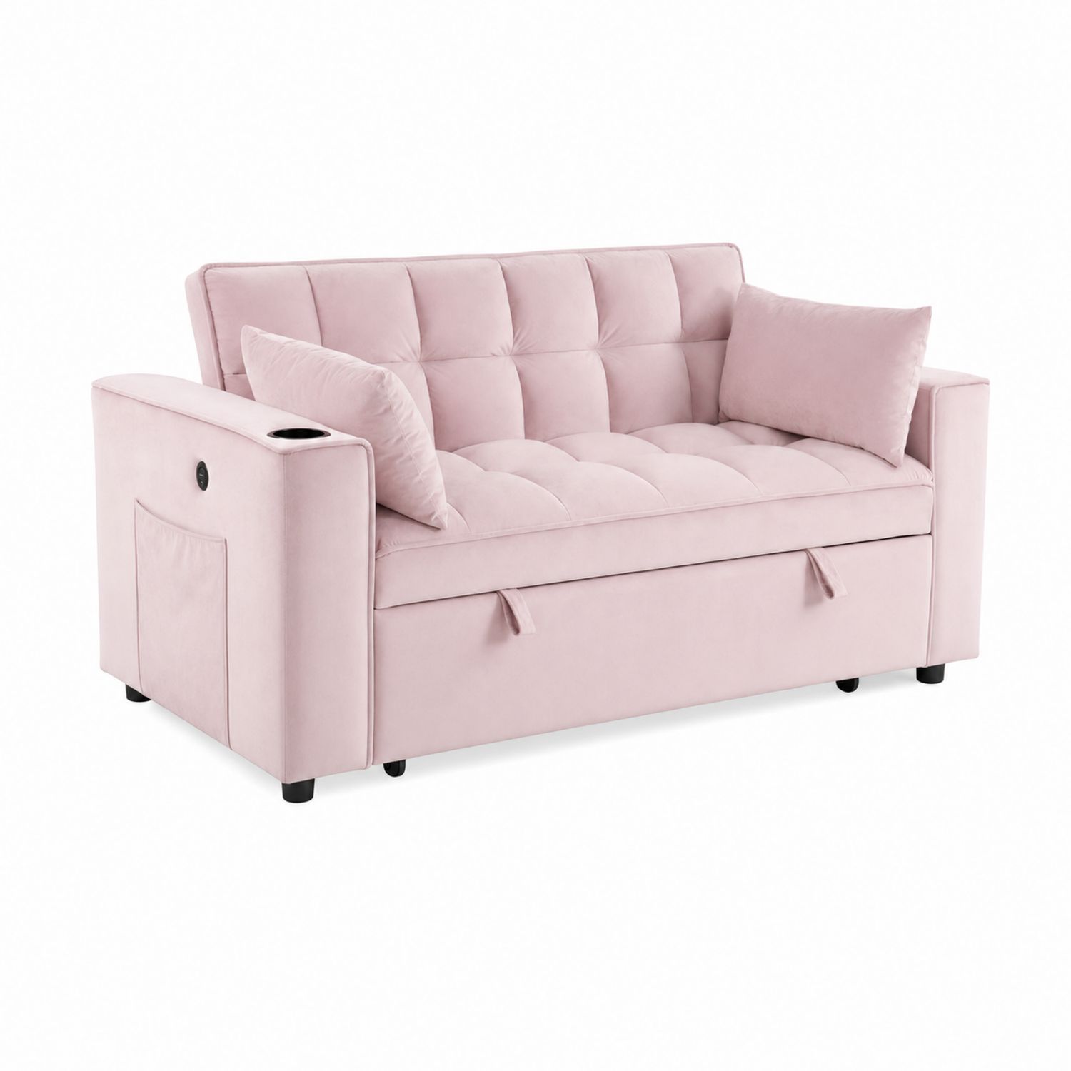 Divano letto in velluto rosa con tasca laterale e cuscini