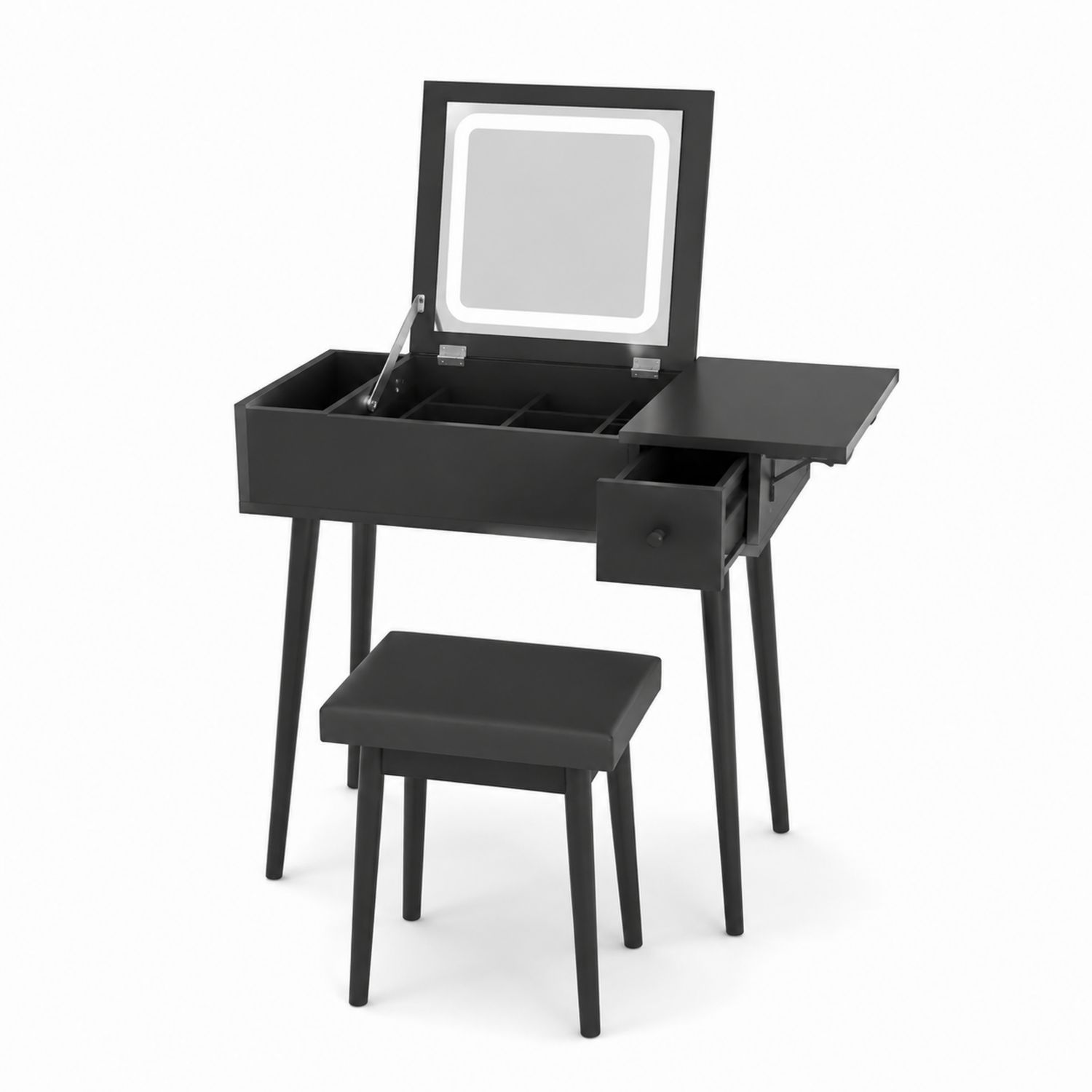 Toeletta con Specchio Ribaltabile e Sgabello in Legno Nero