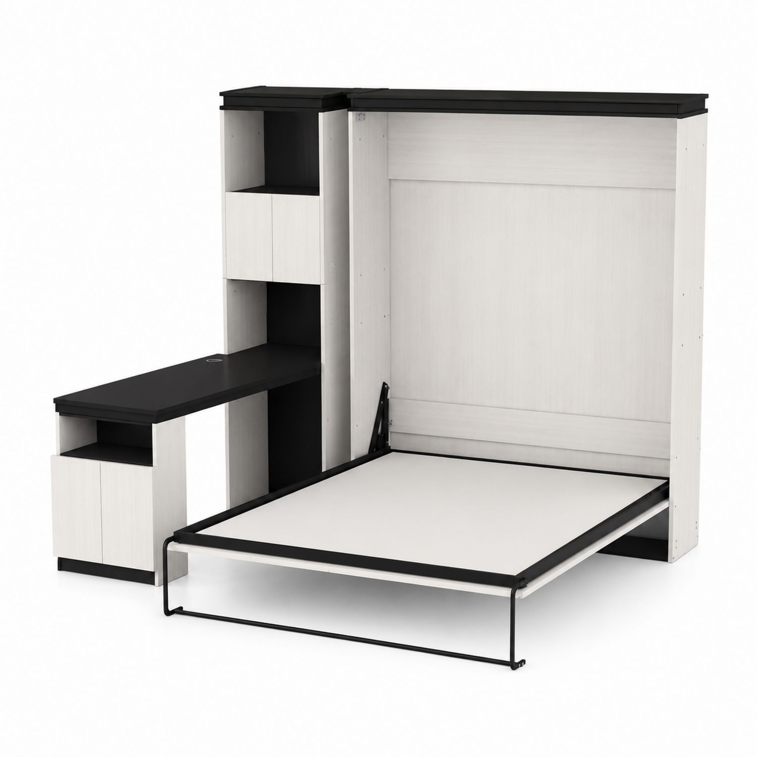 Letto a scomparsa con scrivania e scaffali in legno e metallo, 200x90 cm, Bianco e Nero