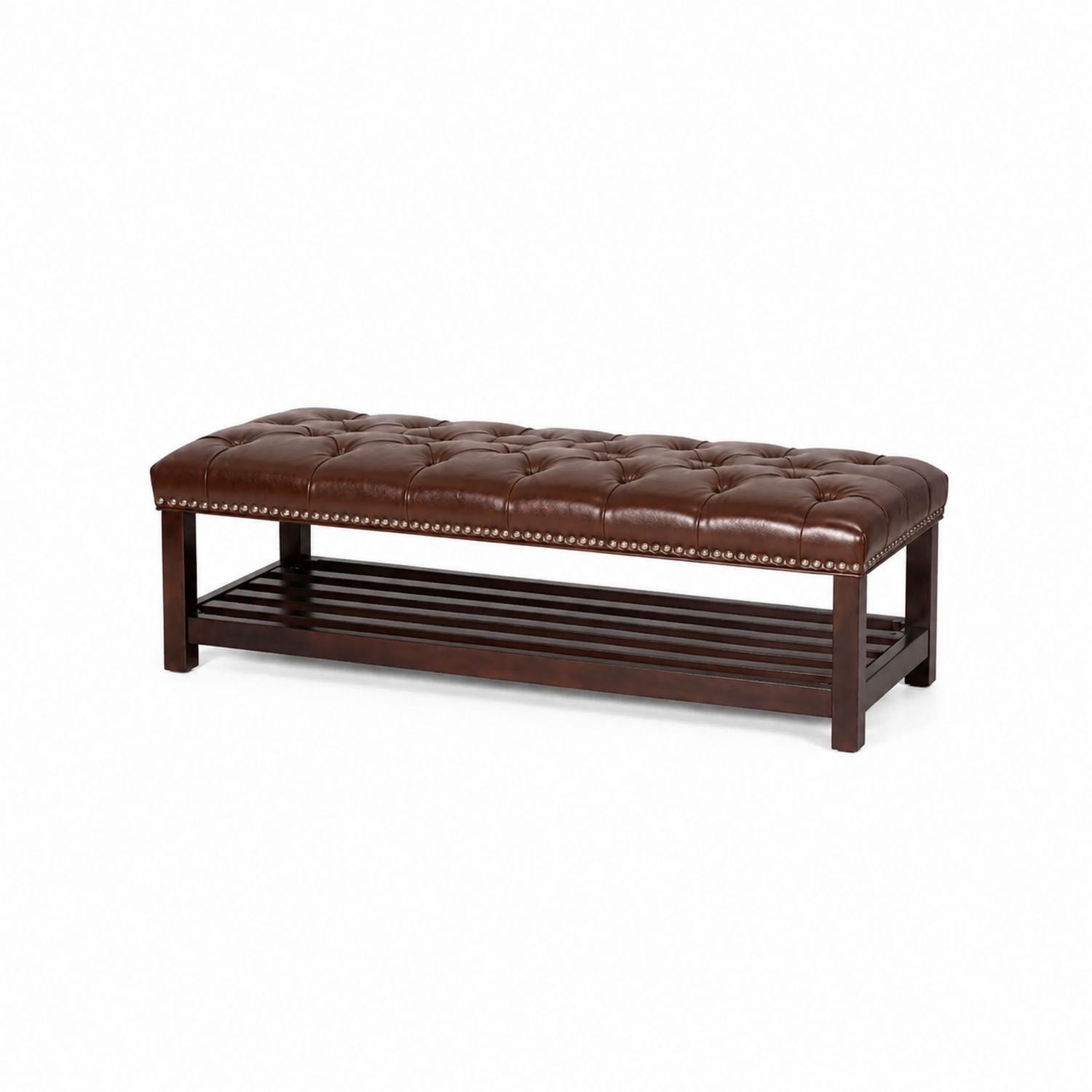 Panca in legno e pelle sintetica marrone con borchie