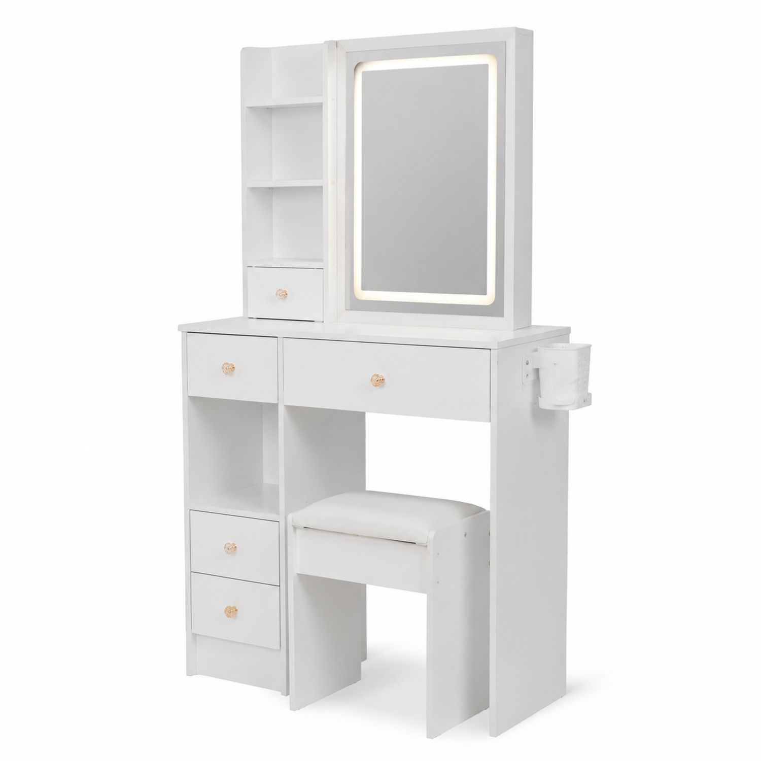 Toeletta in legno bianco con specchio LED, 3 cassetti e sgabello imbottito
