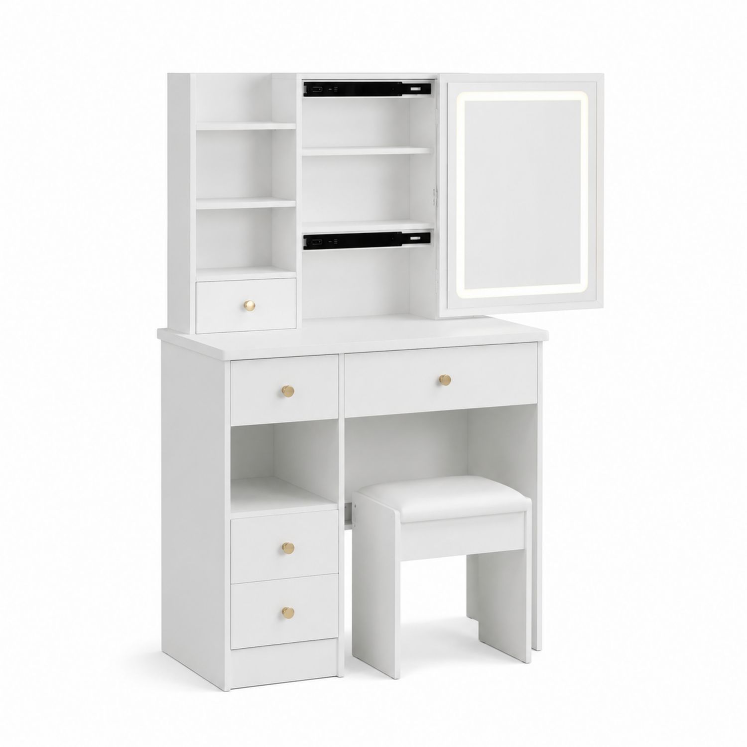 Toeletta con Specchio a LED e Sgabello in MDF e Vetro Temperato Bianco