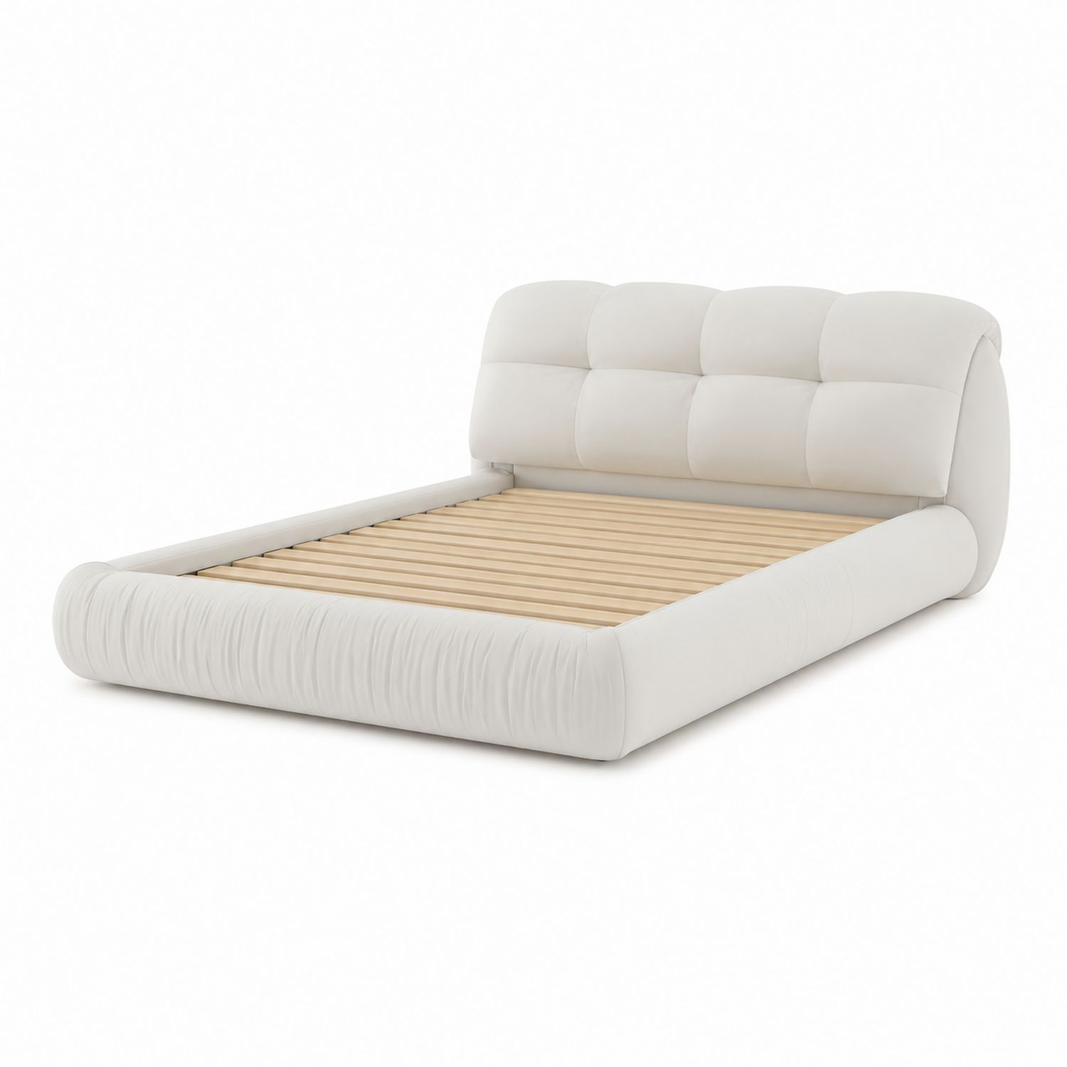 Letto Matrimoniale in Pelle Sintetica Bianca con Doghe in Legno