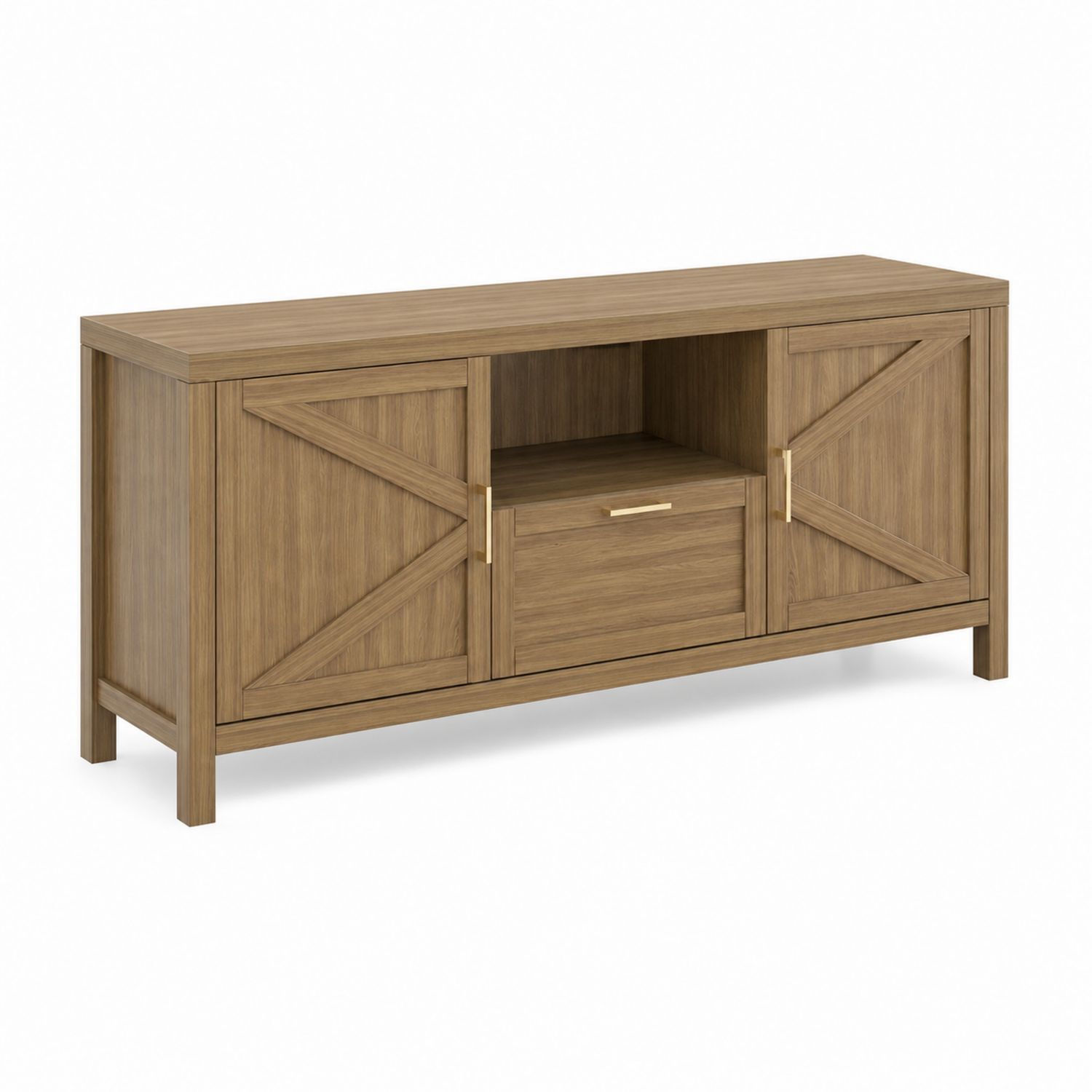 Credenza in legno massello con ante battenti e cassetto centrale, 150x40x80 cm, Rovere chiaro