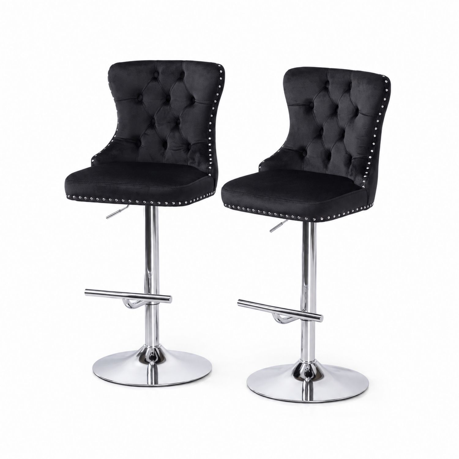 Set di 2 Sgabelli da Bar in Velluto Nero con Base Cromata
