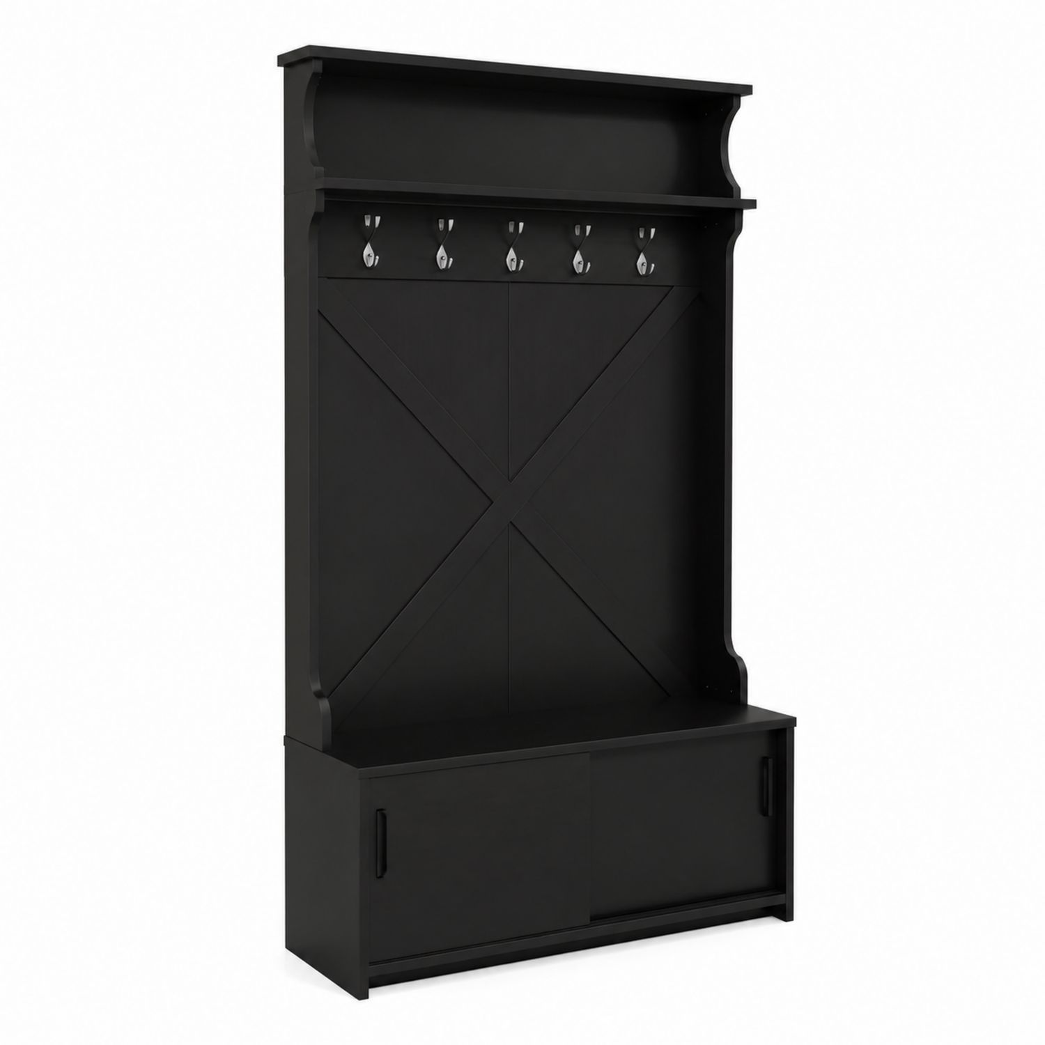 Guardaroba da ingresso nero in legno con panca e appendiabiti-arviler