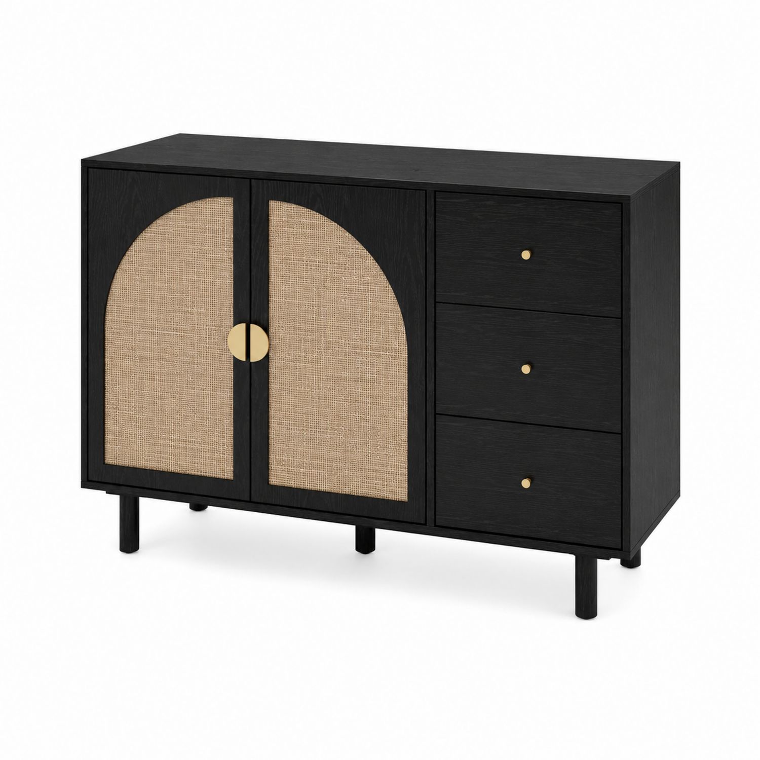 Credenza in Legno di Quercia e Rattan con 3 Cassetti-arviler