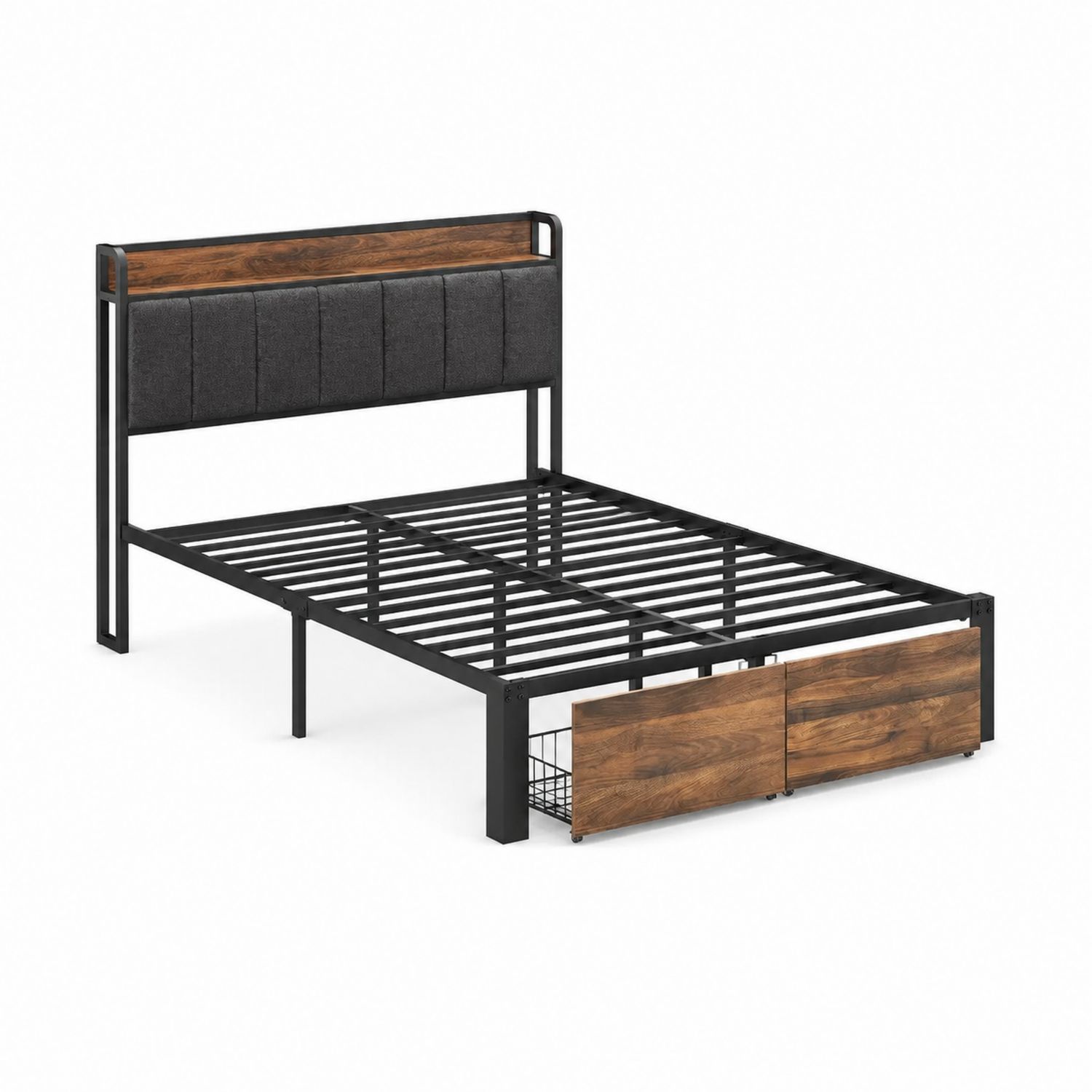 Letto Matrimoniale in Metallo con Testiera in Tessuto e Legno MDF 200x160 cm Nero/Marrone-arviler