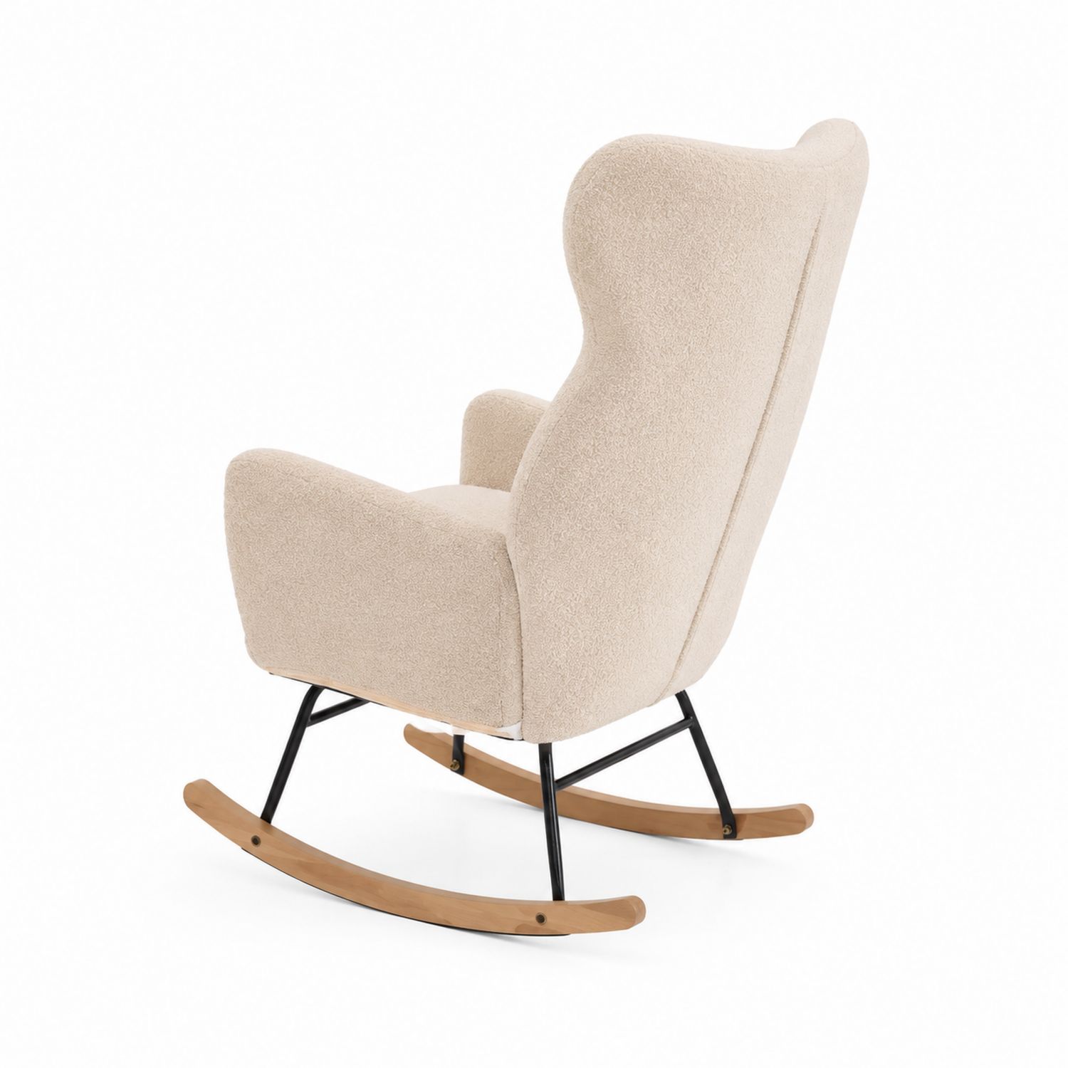 Poltrona a dondolo in tessuto bouclé beige con struttura in metallo e base in legno-arviler