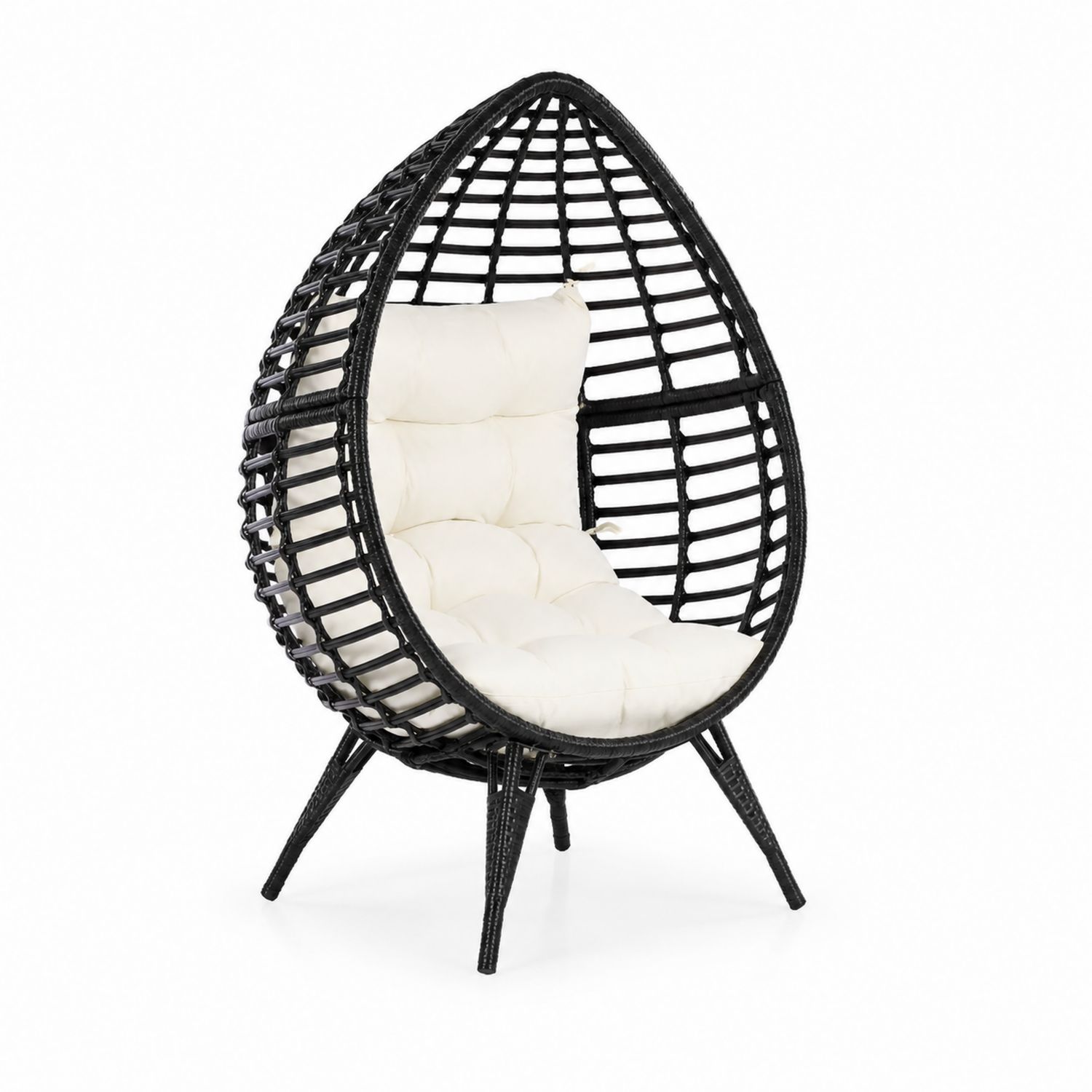 Sedia a Uovo in Rattan Sintetico Nero con Cuscino in Tessuto Bianco-arviler