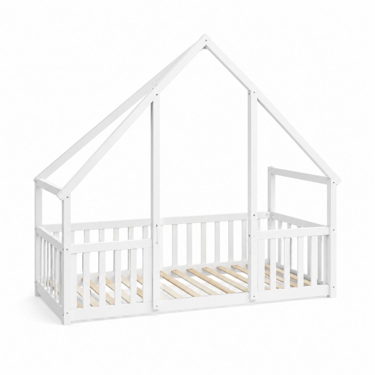 Letto a Forma di Casa in Legno Bianco con Doghe in Compensato-arviler