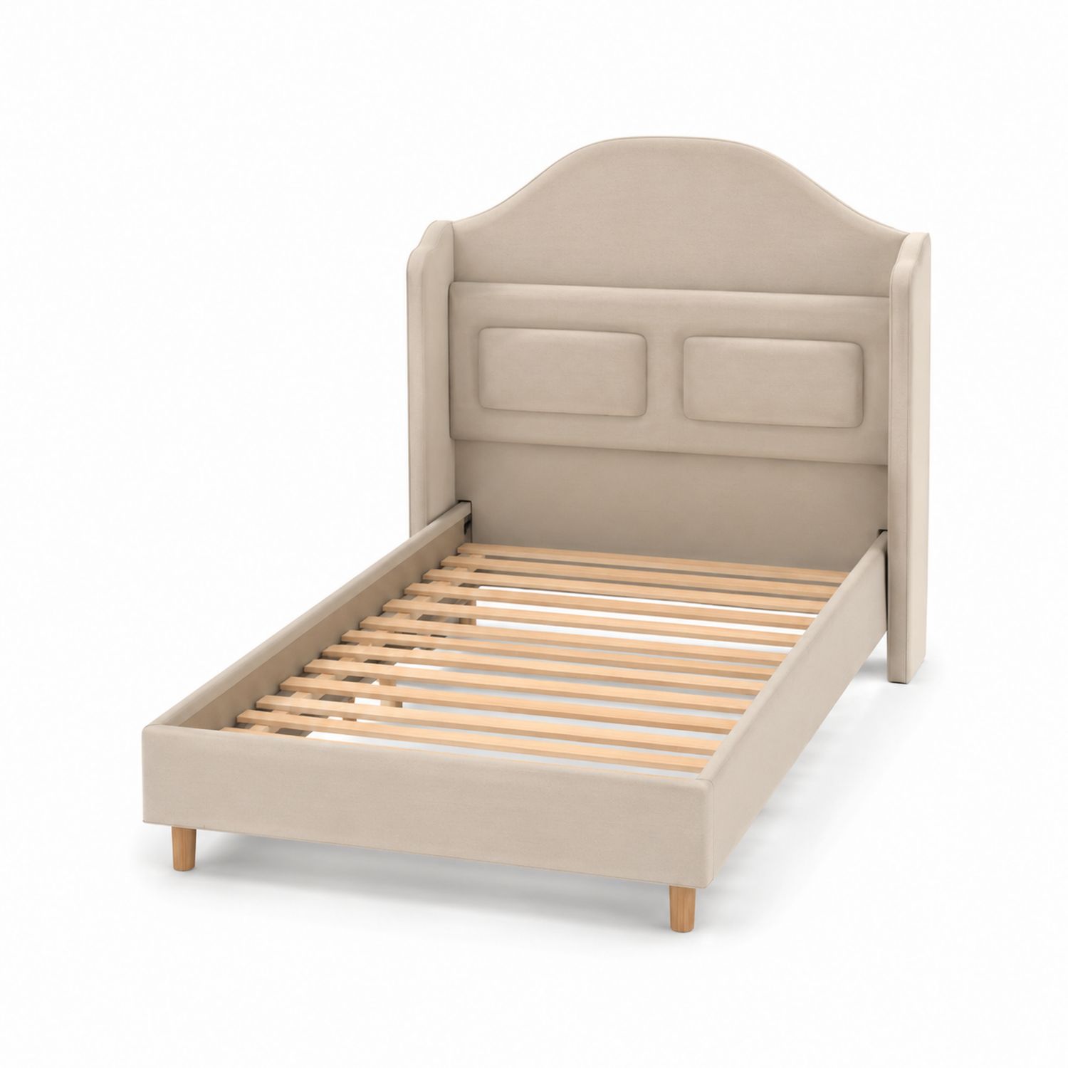 Letto Singolo in Legno e Tessuto Beige con Testiera Imbottita-arviler