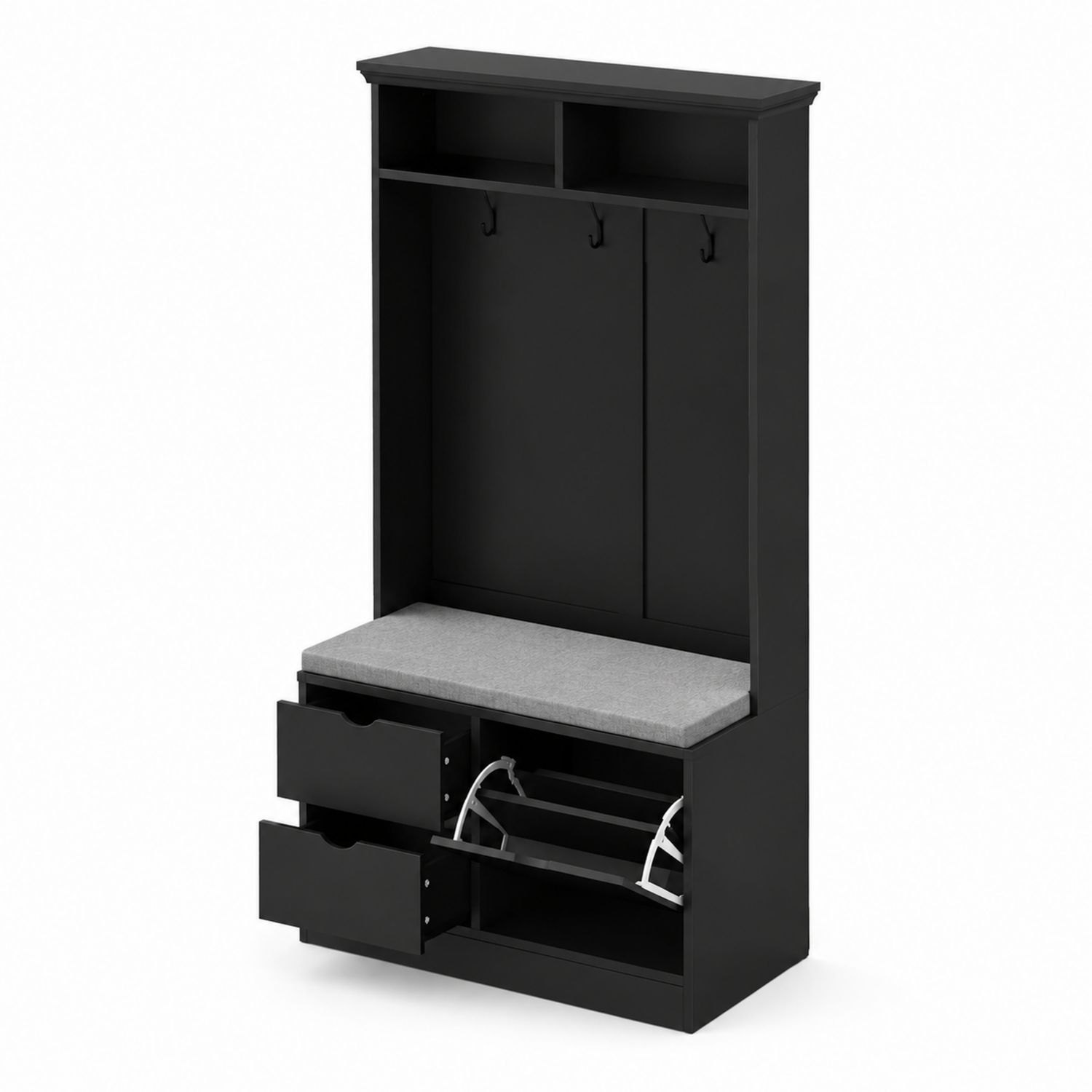 Appendiabiti in Legno Nero con Cuscino Grigio e Cassetti-arviler