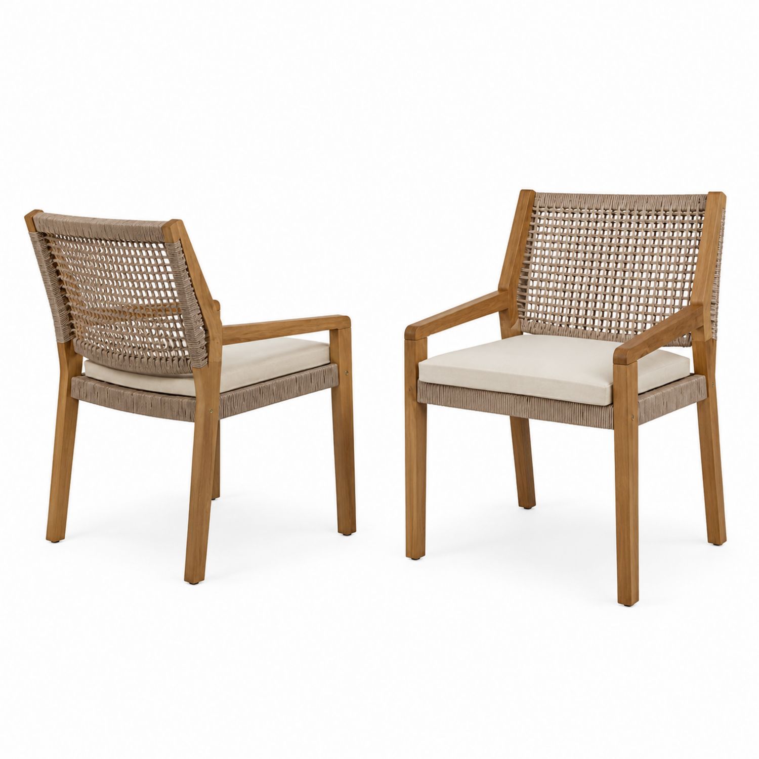 Set di sedie in teak con schienale in corda e cuscino beige-arviler