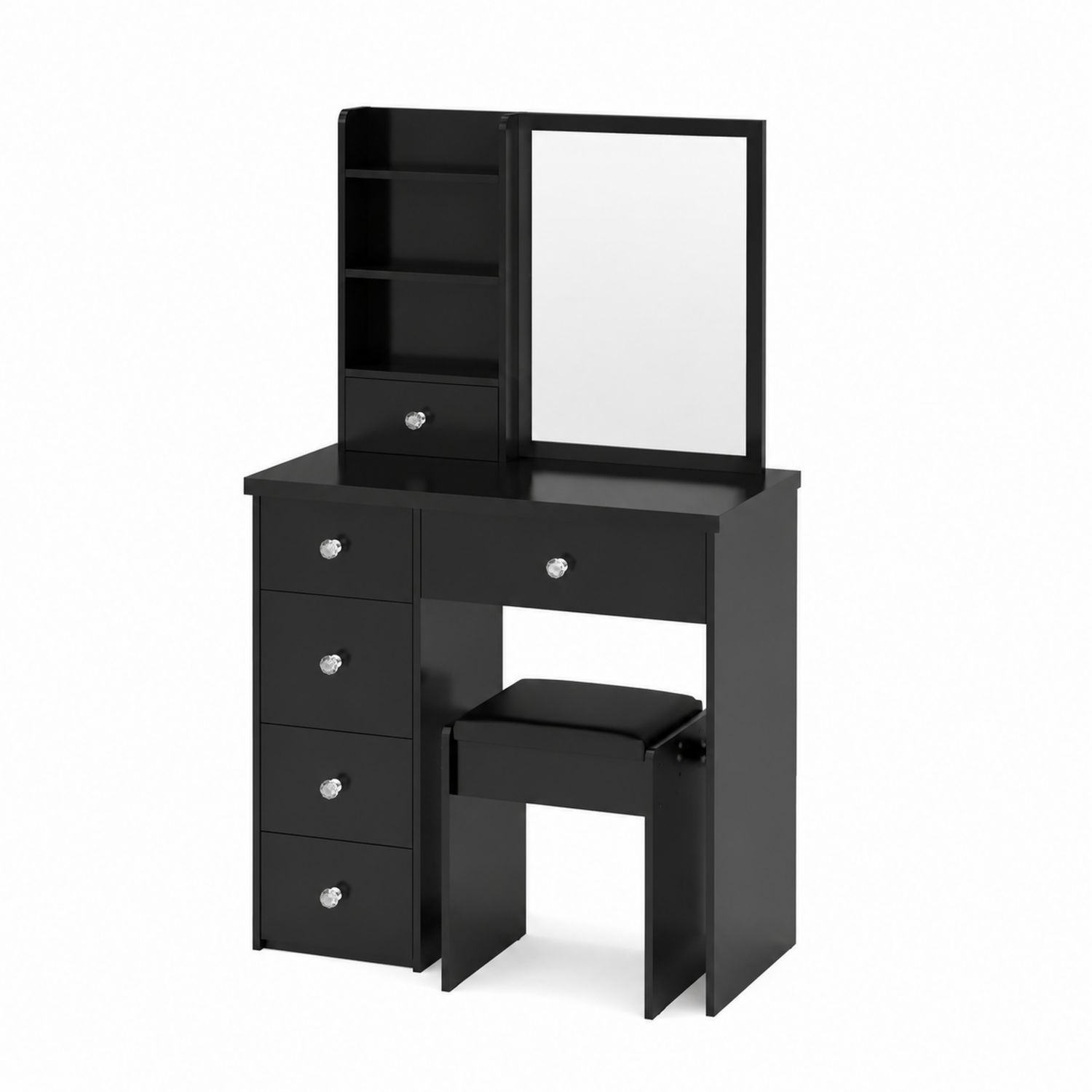 Toeletta Nera in Legno con Specchio e Sgabello-arviler