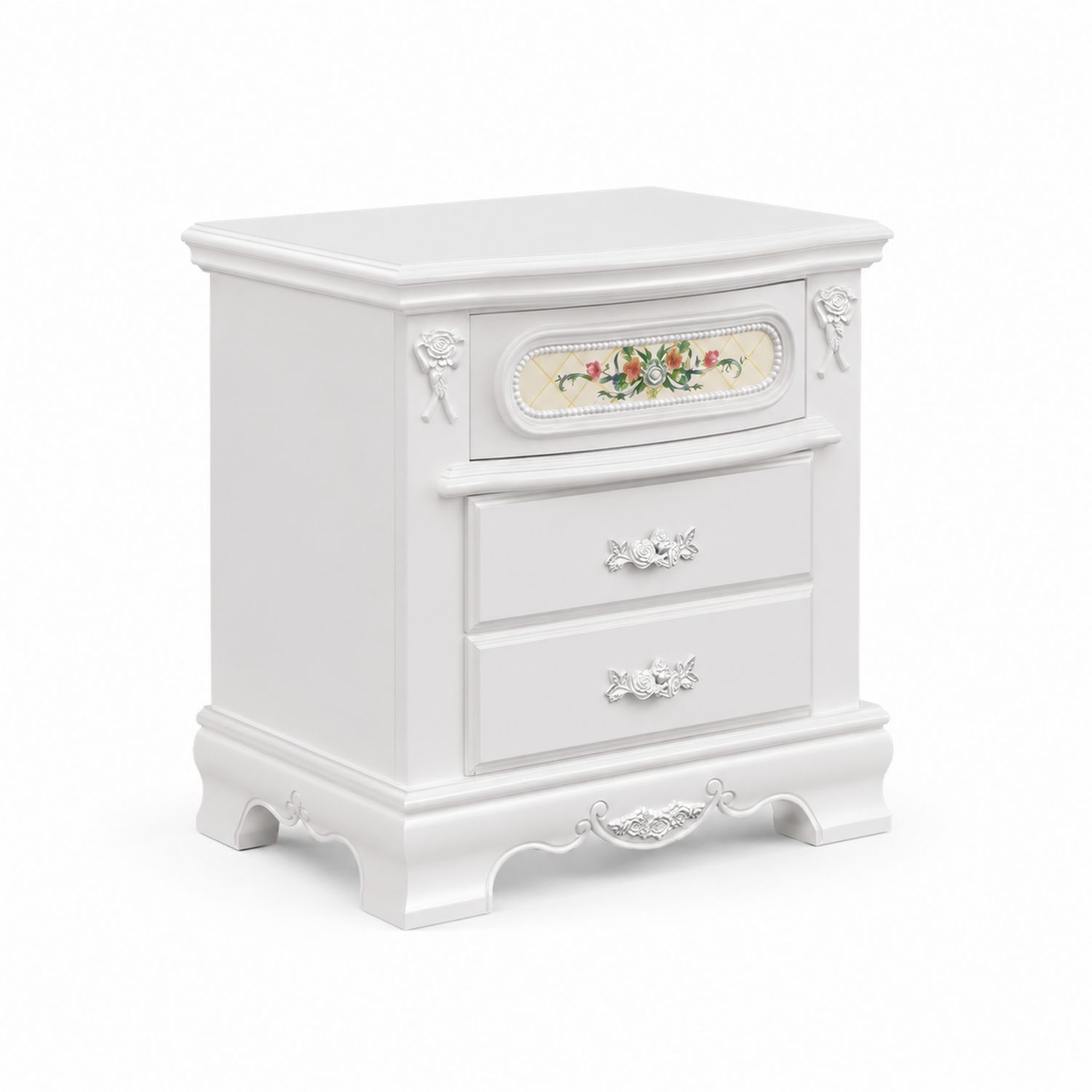 Comodino in Legno Verniciato Bianco con Decorazioni Floreali-arviler