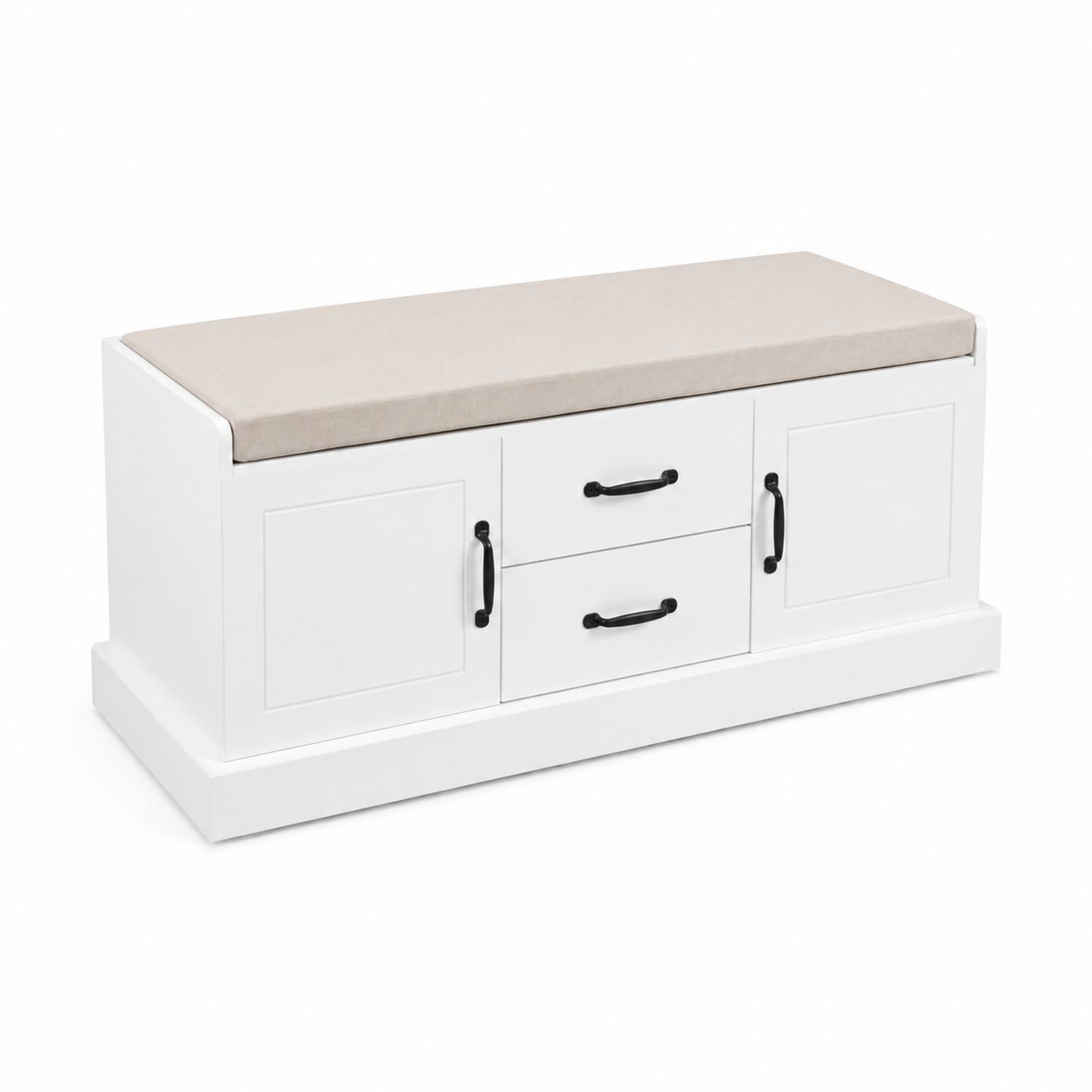 Panca contenitore con cuscino in legno bianco e beige-arviler