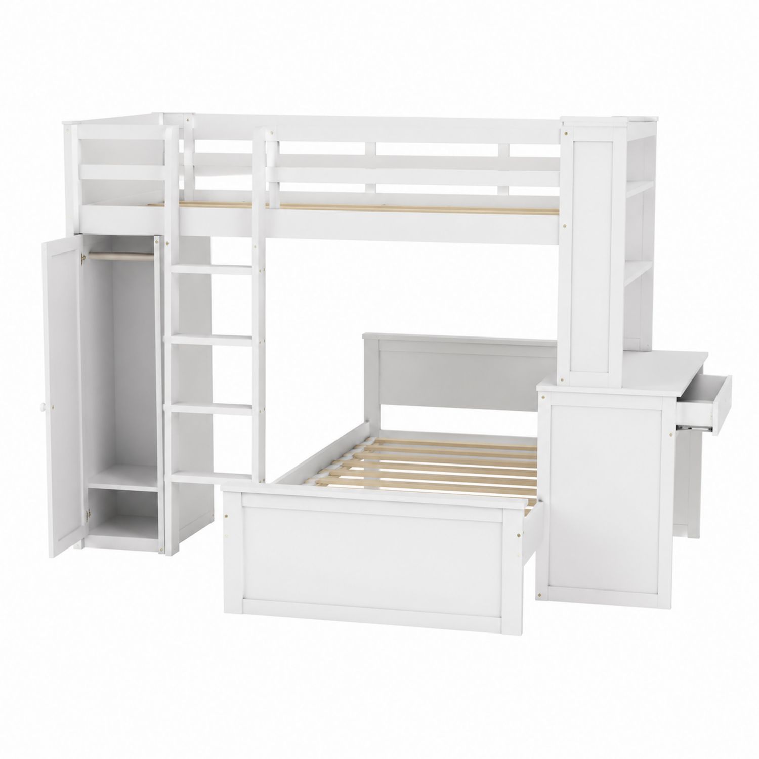 Letto a castello bianco in legno con scrivania e guardaroba-arviler