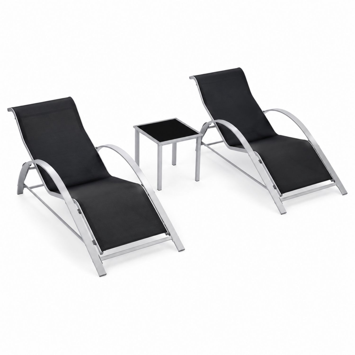 Set di 2 lettini prendisole curvi con tavolino in metallo e tessuto nero-arviler