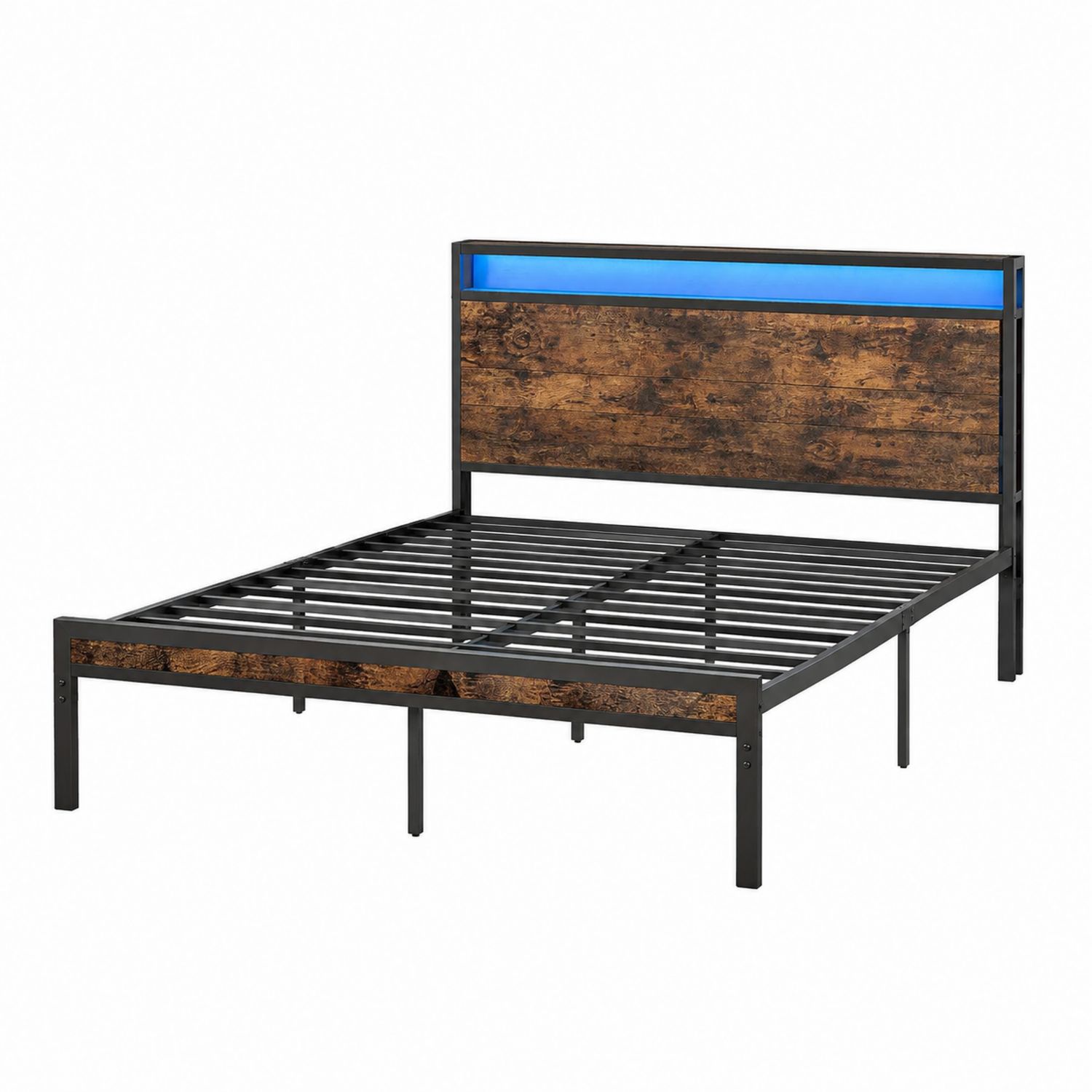 Letto matrimoniale in metallo con testiera in legno e LED blu 200x160 cm-arviler