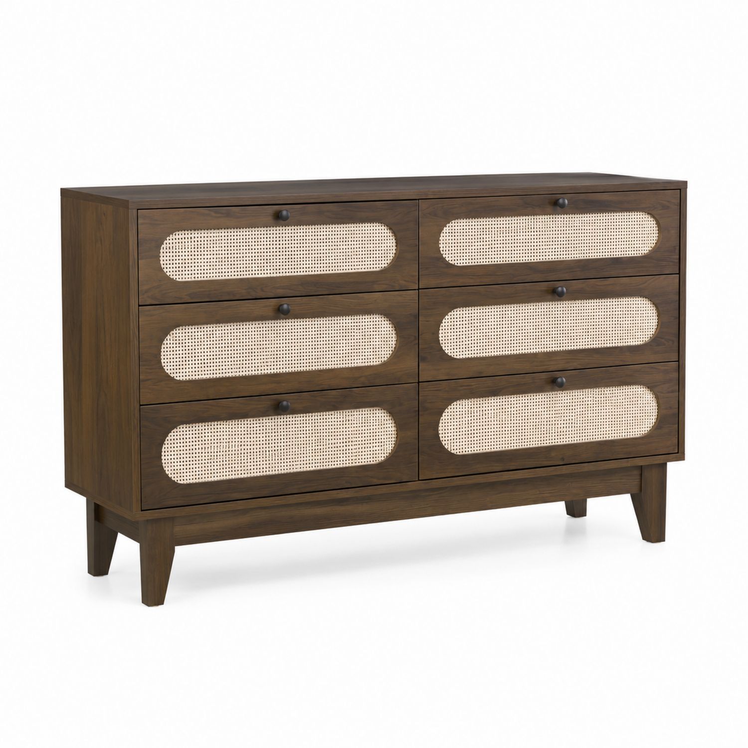 Cassettiera in Legno Massiccio con Dettagli in Rattan, 6 Cassetti-arviler