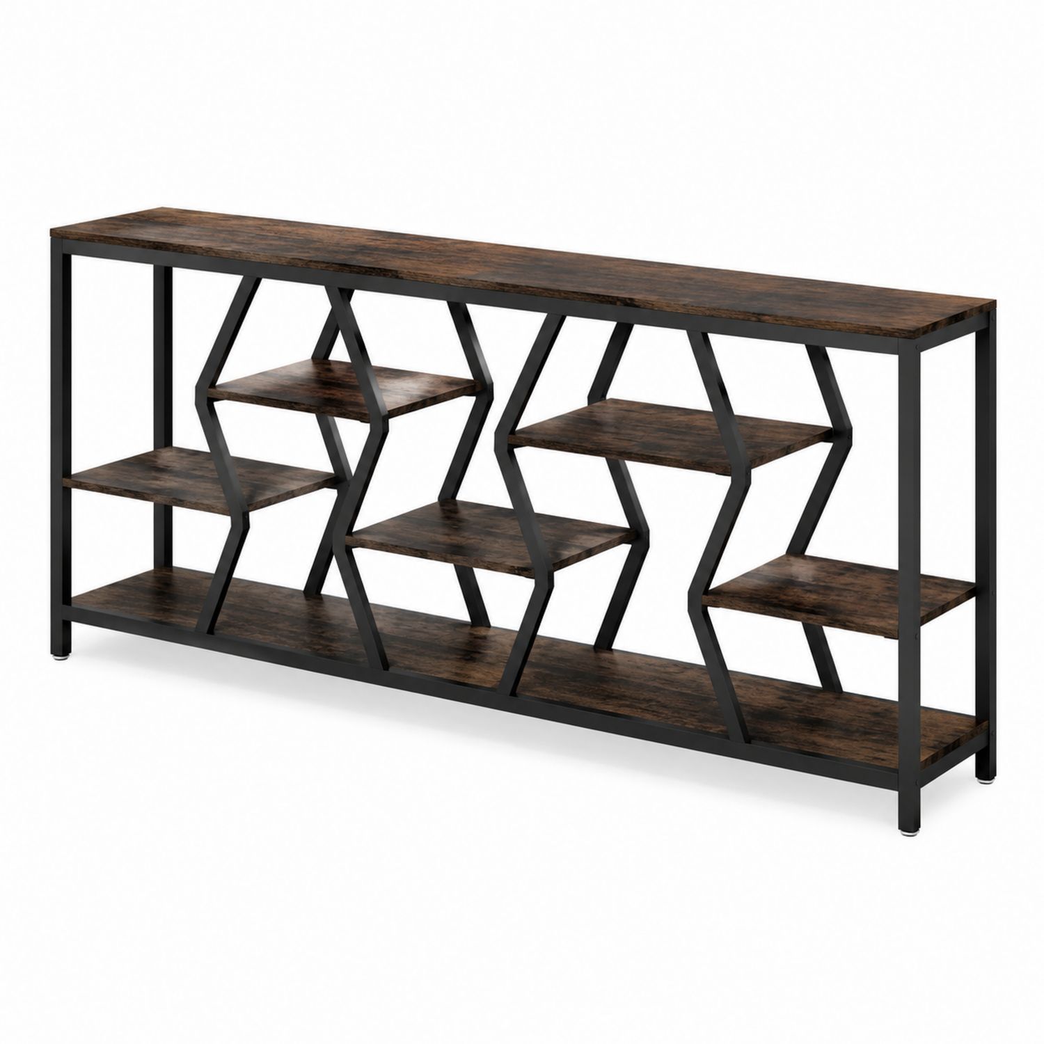 Consolle con Mensole Geometriche in Legno e Metallo Nero 180x30x80 cm-arviler