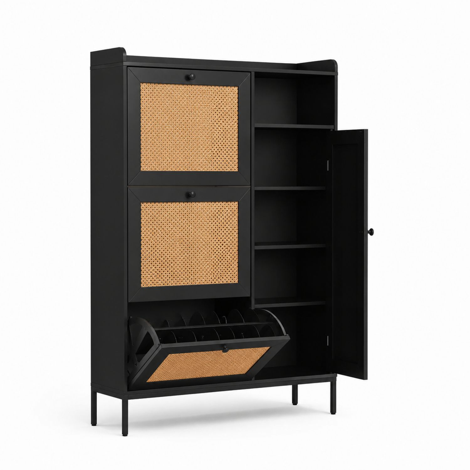 Scarpiera in Metallo e Rattan Nero con Ribaltina 180x120x40cm-arviler