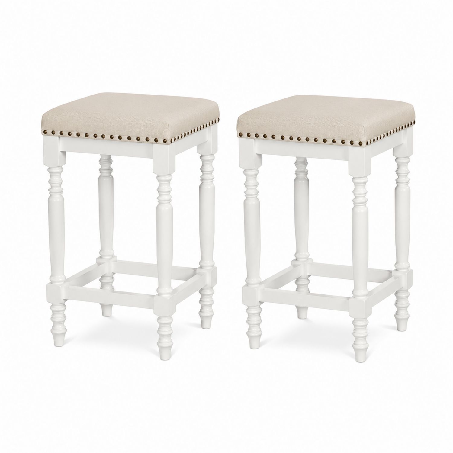 2er Set Holz Barhocker mit Polyester-Sitz Beige Weiß