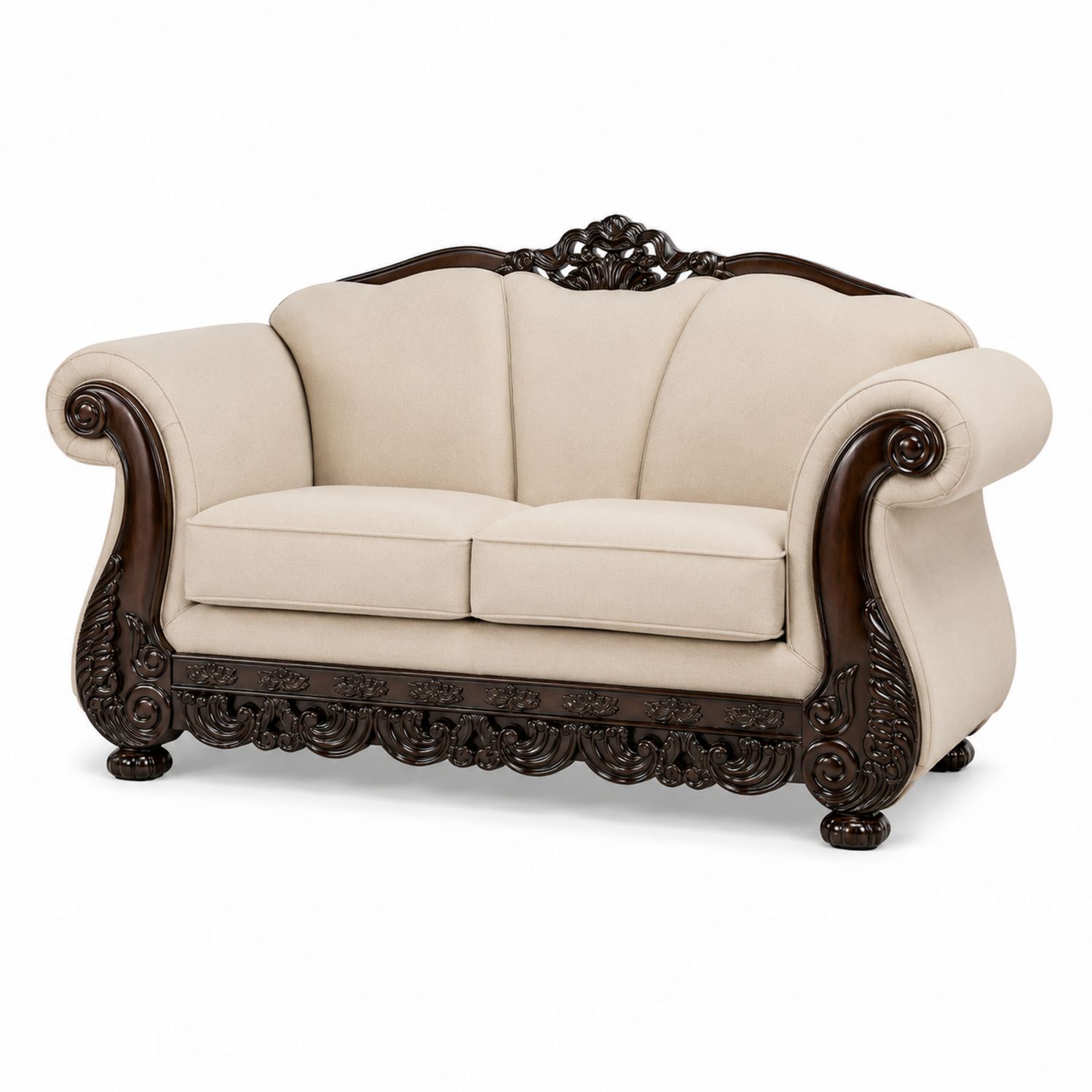 Zweisitzer-Sofa aus Mikrofaser mit Holzverzierungen Creme 160cm