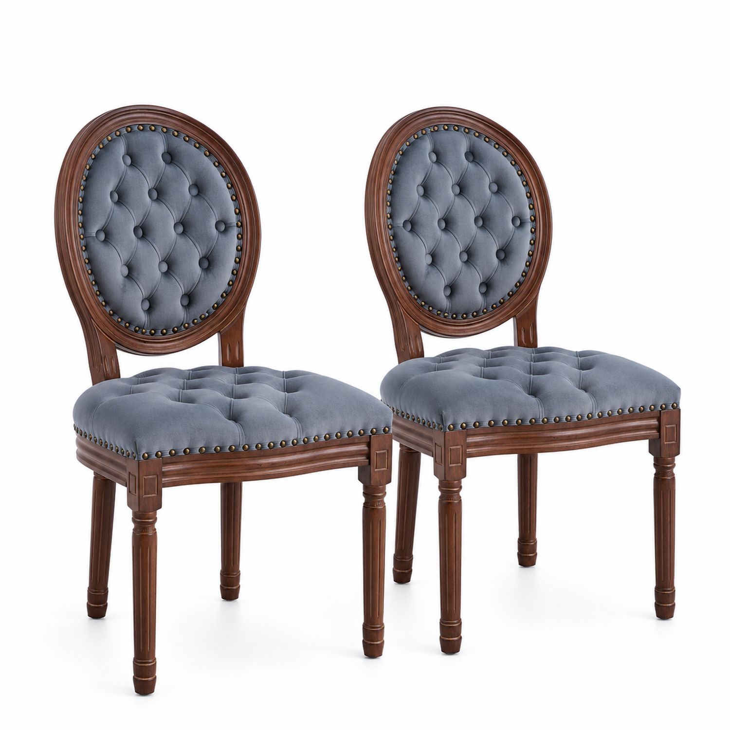 Set aus 2 Esszimmerstühlen mit ovaler Rückenlehne, Samtpolsterung, Holzrahmen, Blau