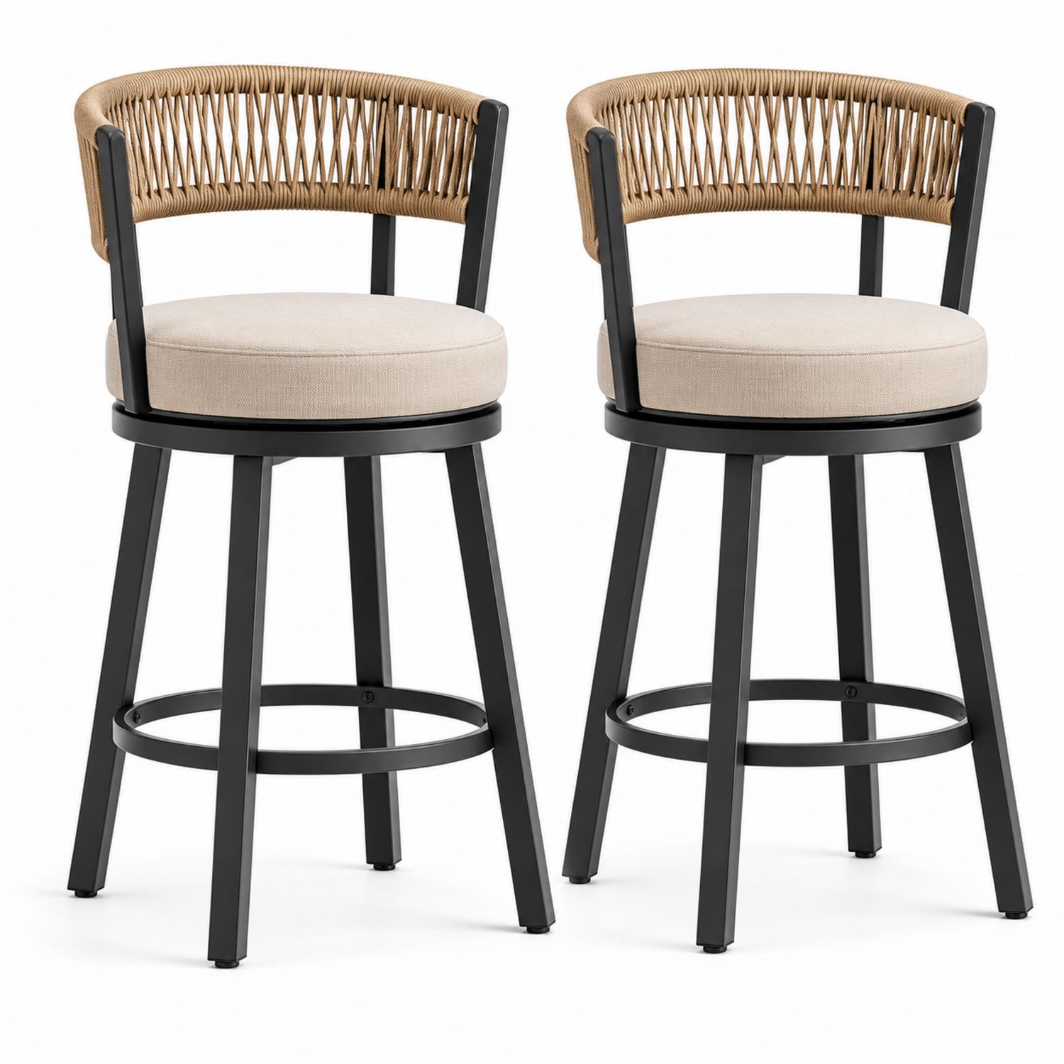 2er-Set Barhocker Metallrahmen mit Seilgeflecht und Stoffbezug Beige/Schwarz