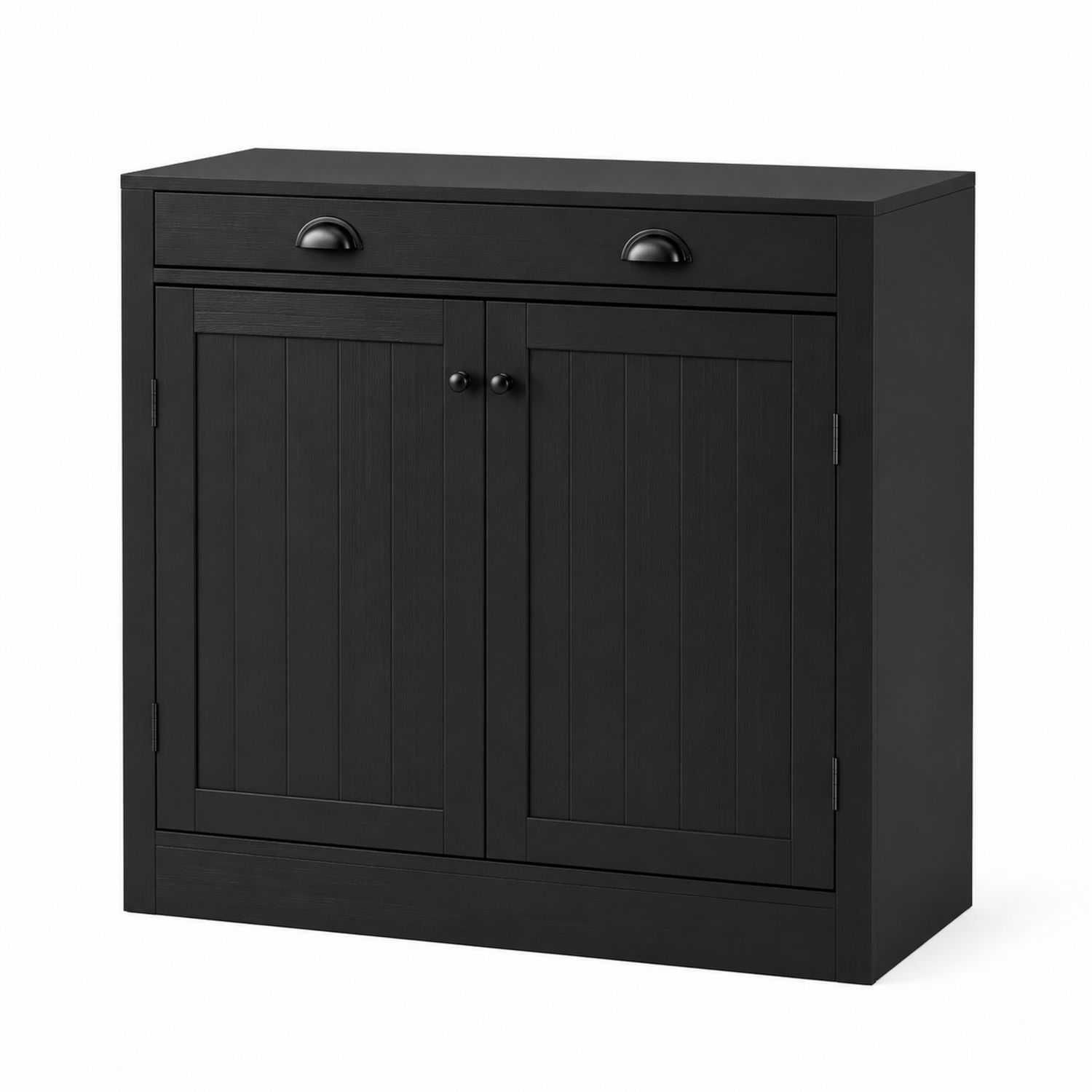Schwarzer Holzschrank mit Schublade und Türen
