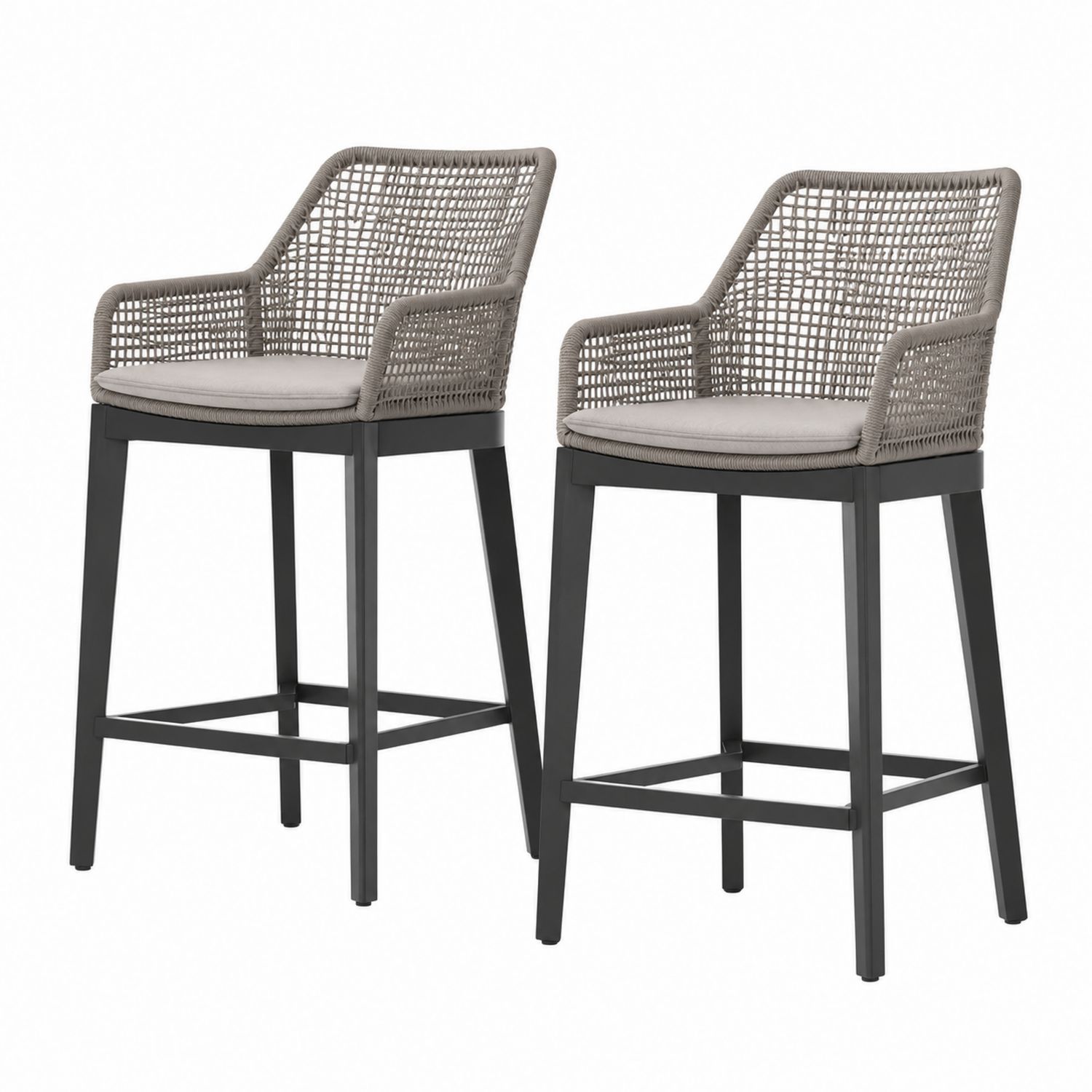 Barhocker Set mit Armlehnen Aluminium und Rattangeflecht Grau