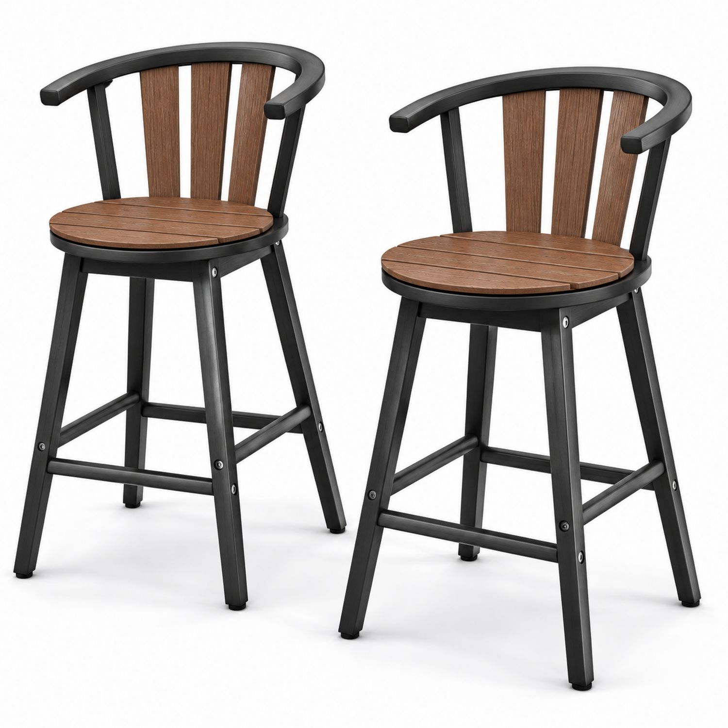 Barhocker Set aus Holz und Metall mit Rückenlehne 2er Set Braun/Schwarz