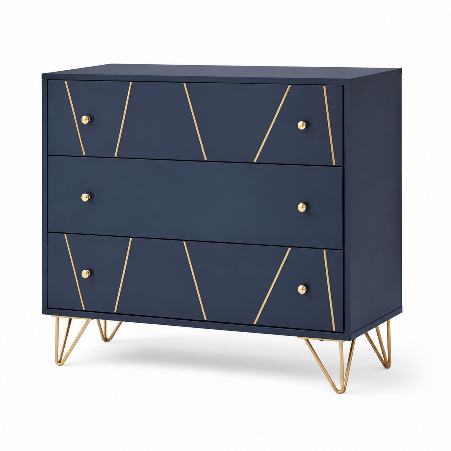 Holzkommode mit 3 Schubladen und Metallbeinen in Blau und Gold
