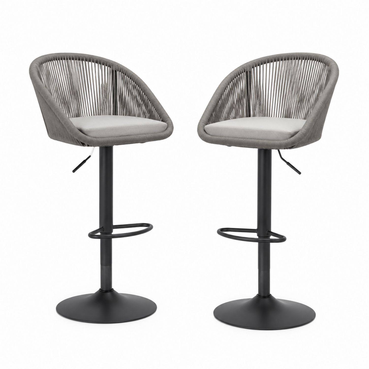 2er Set Höhenverstellbare Barhocker aus Metall mit Polyesterseil und grauer Polsterung