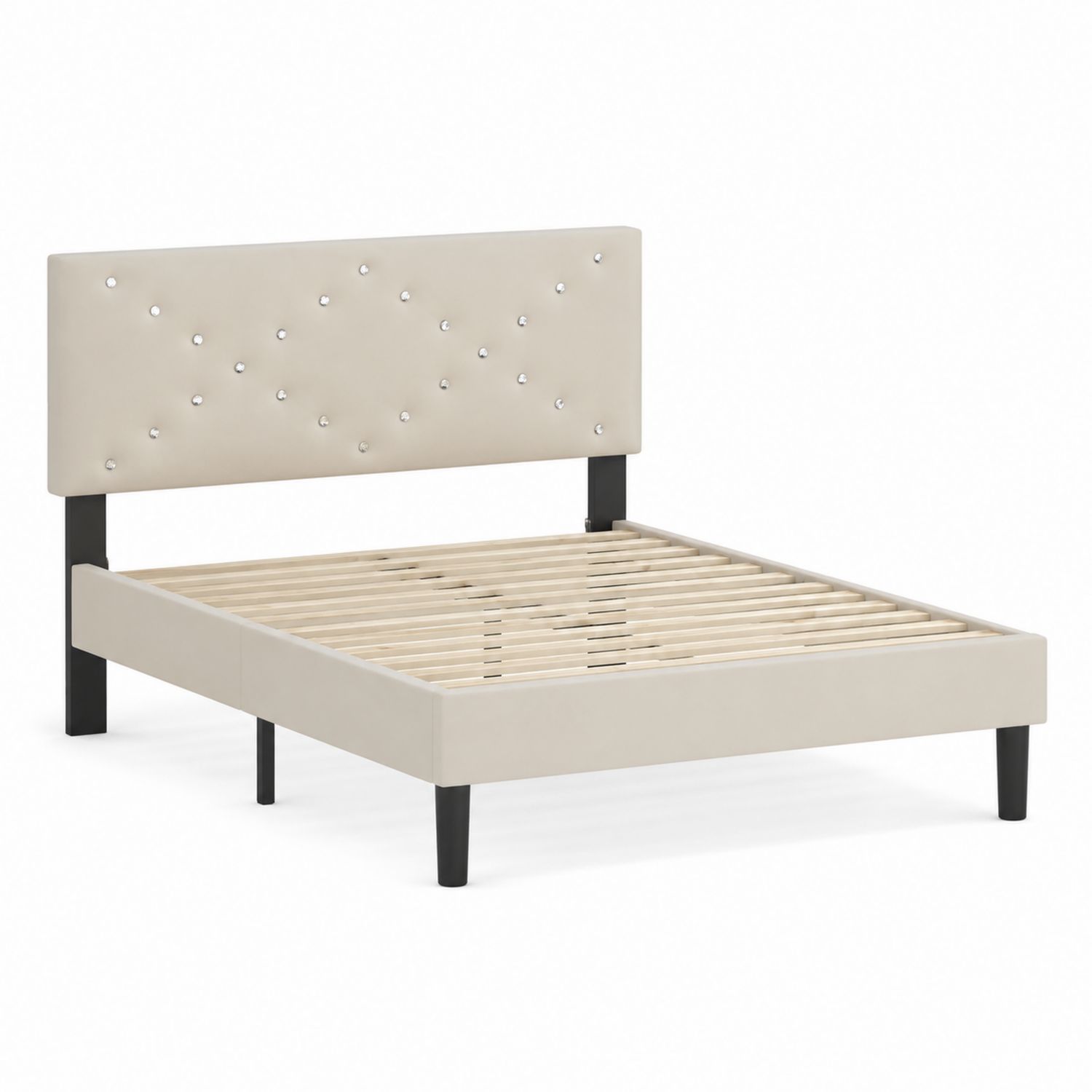 Doppelbett Kunstleder mit Kristallknöpfen Beige 200x160 cm