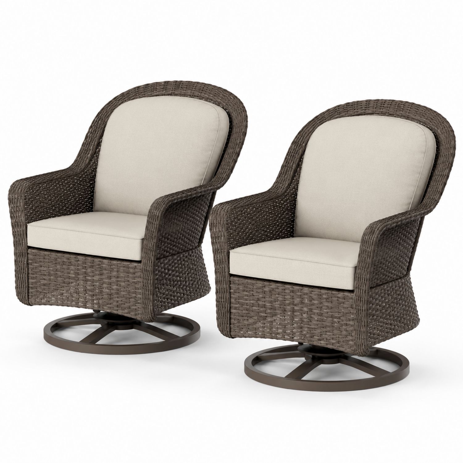 2er Set Drehbare Outdoor-Rattan-Sessel mit Kissen, Braun/Beige