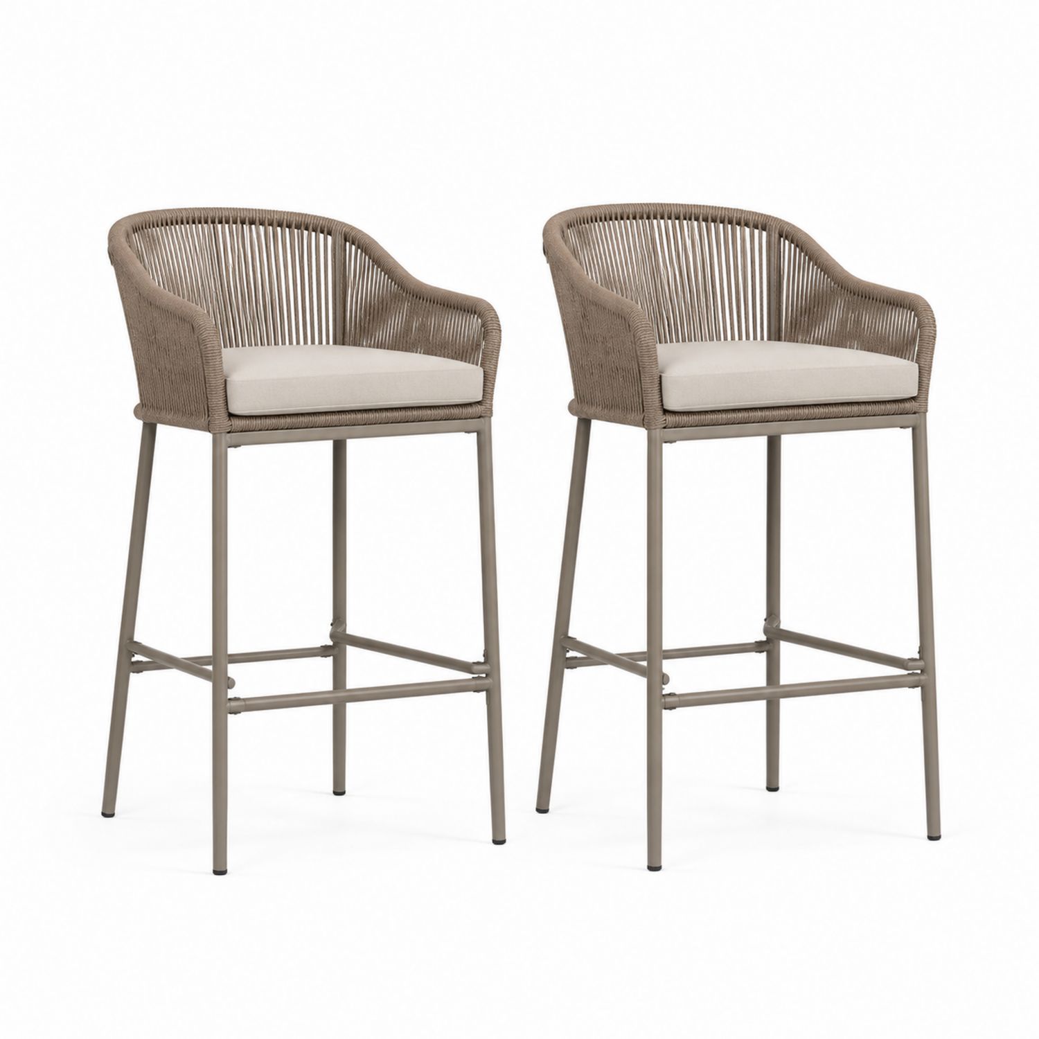 2er Set Barhocker Rattan mit Armlehne Metallgestell Beige