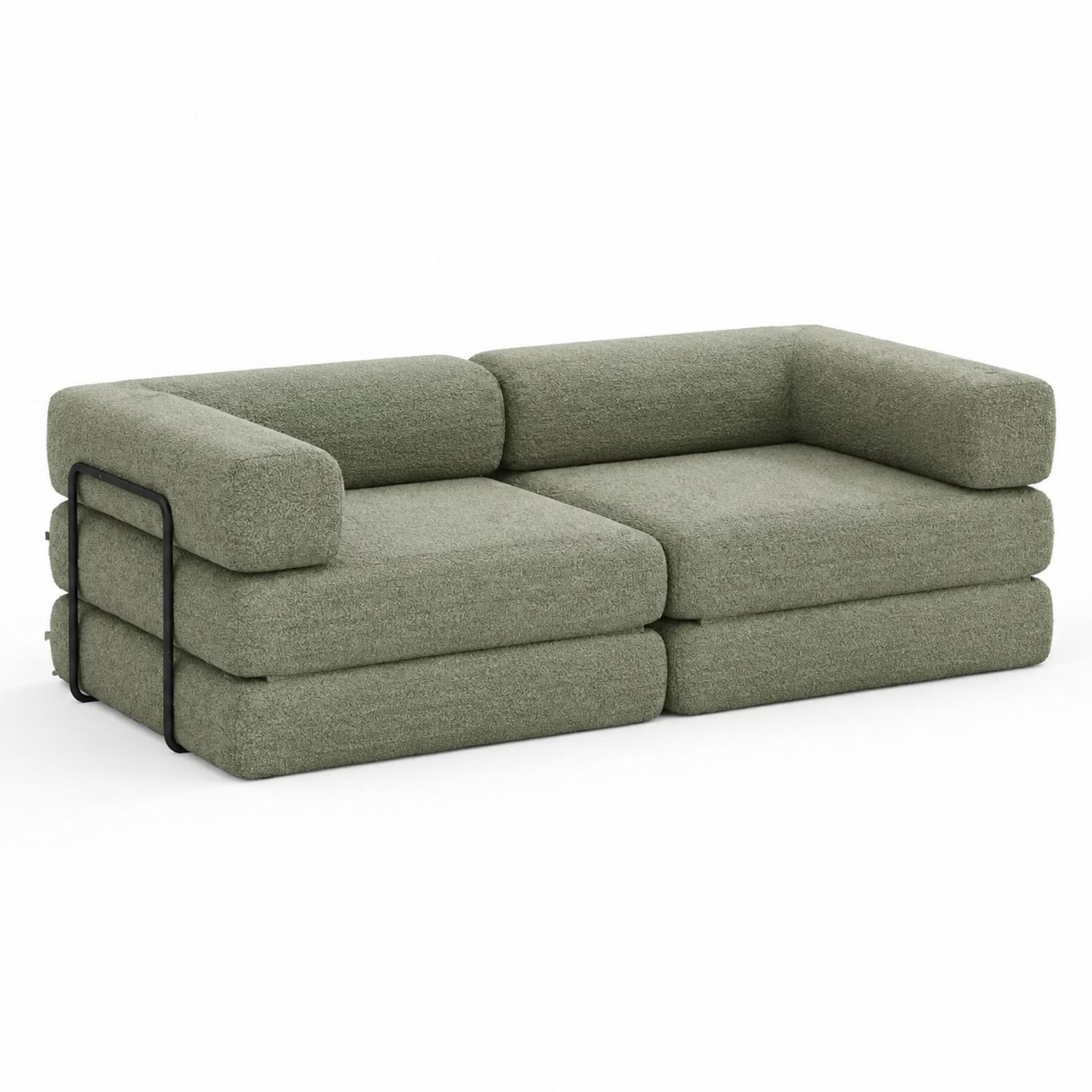 Modulares Sofa aus Bouclé-Stoff mit Metallrahmen in Grün