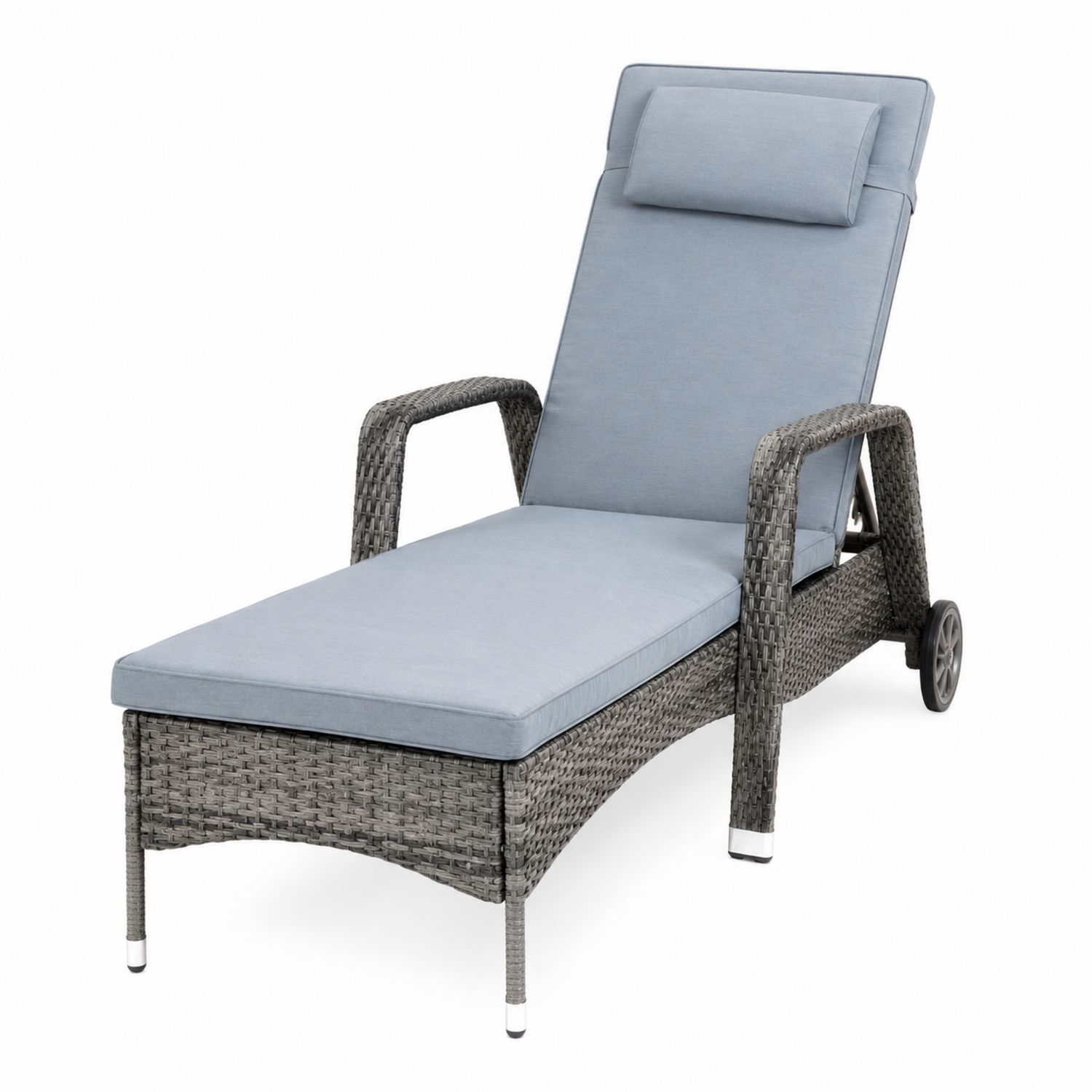 Verstellbare Rattan-Sonnenliege mit Kissen Grau/Blau
