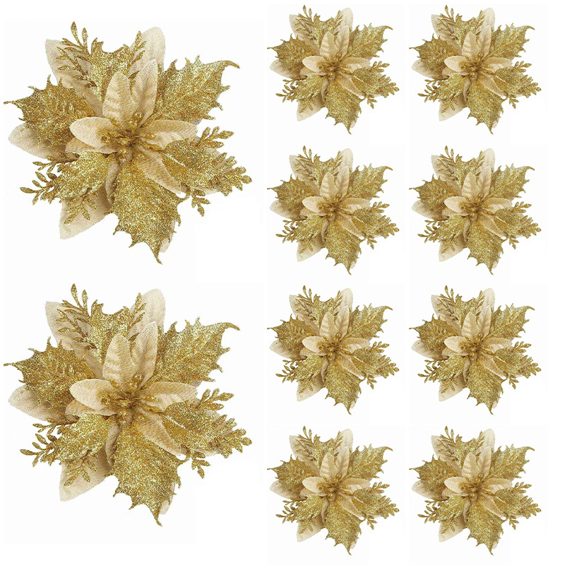 10-Piece Red Glitter Poinsettia Clip Set for Christmas Decorating