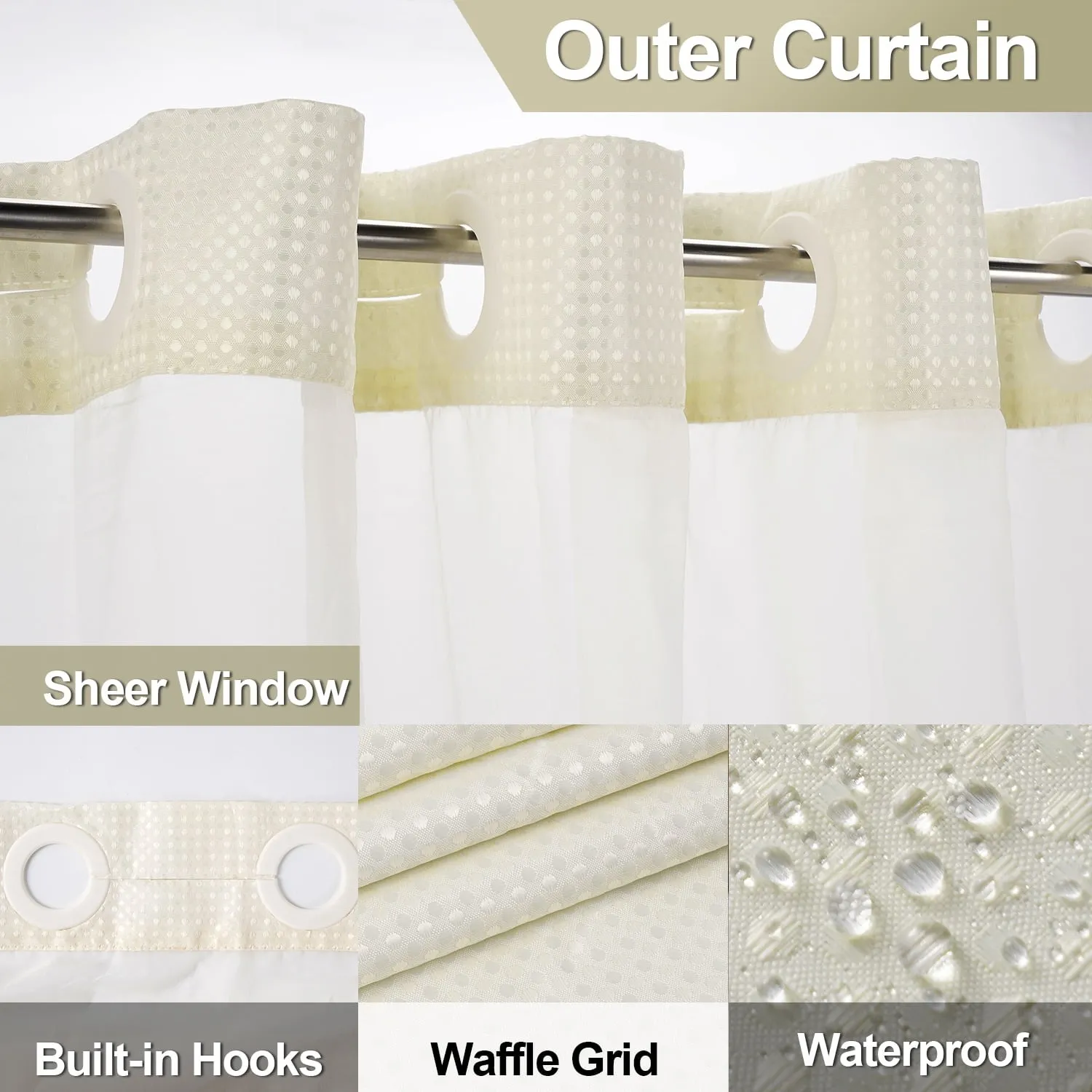 SpaView Hookless Waffle Shower Curtain with Snap-In Liner