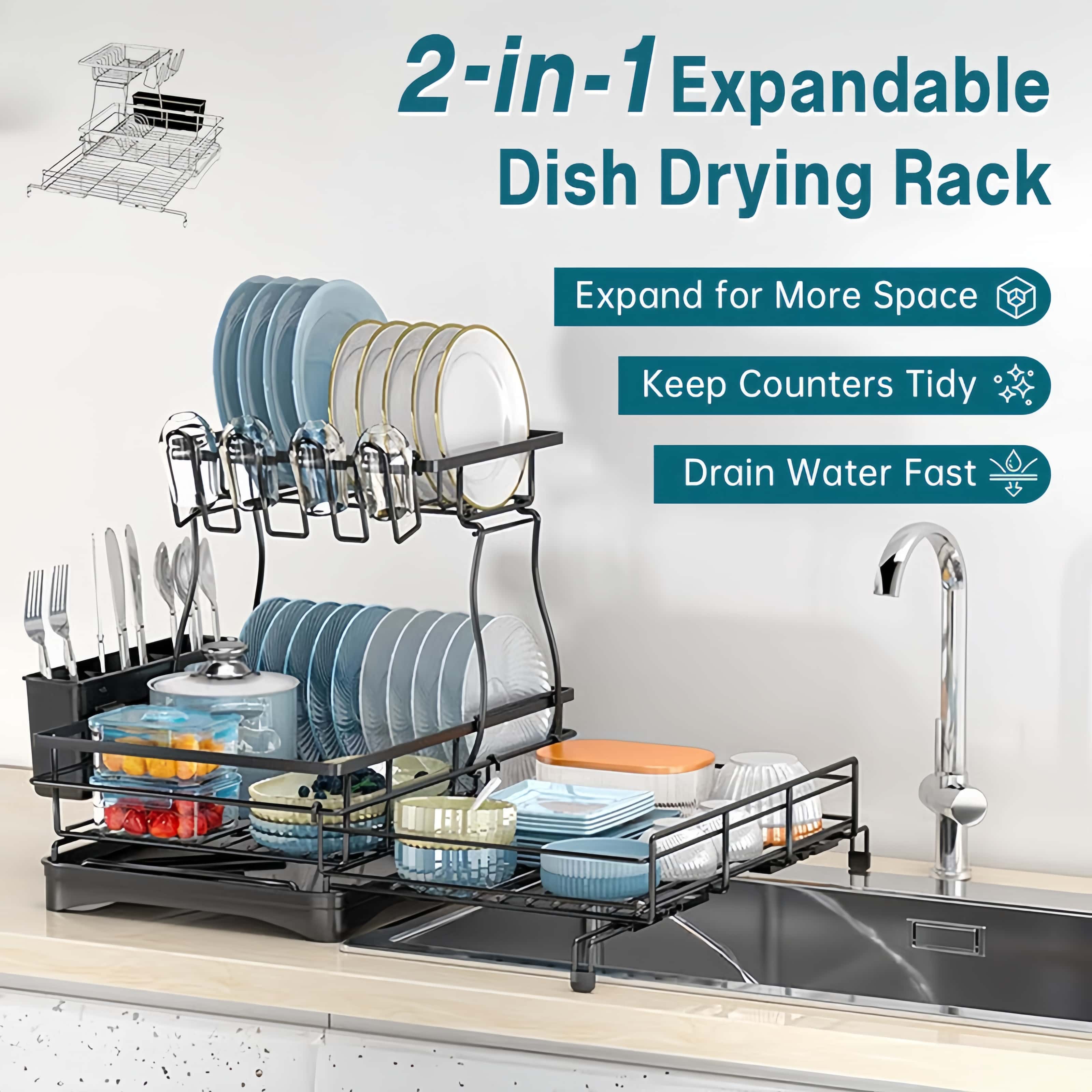 Expandable 2-Tier Carbon Steel Dish Drying Rack
