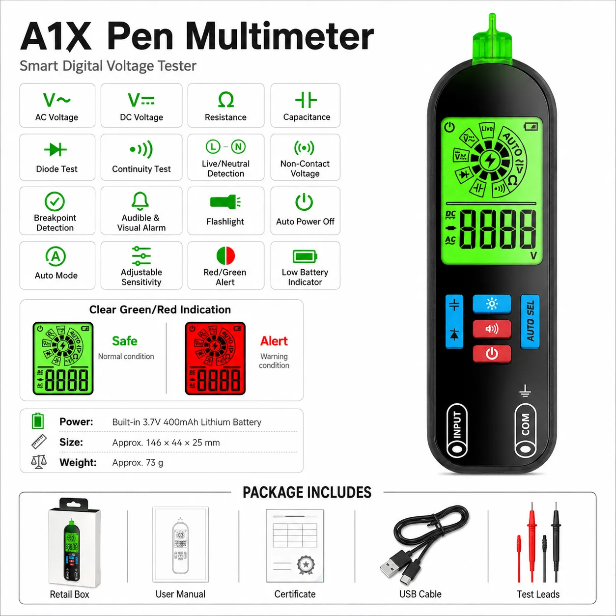Smart Pen Multimeter with Auto Detection & Color Alerts
